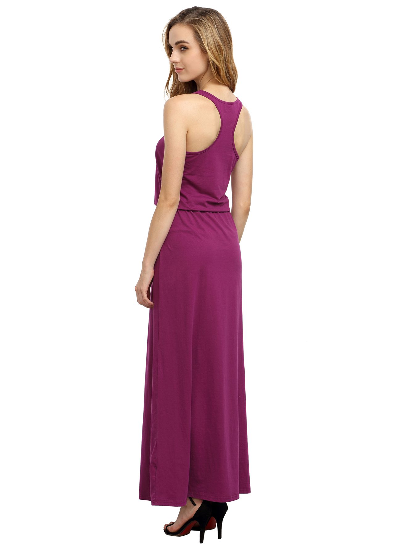 Grey Purple Self-tie Waist Sleeveless Maxi Dress