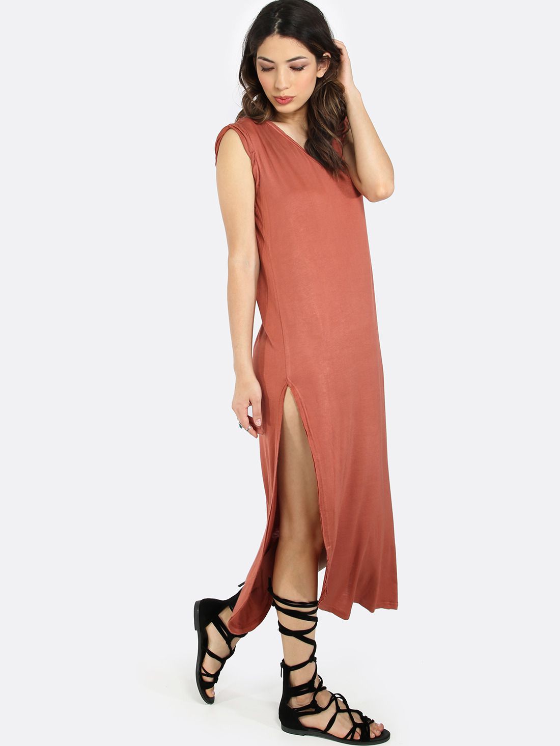 Red Sleeveless V Neck Split Side Maxi Dress