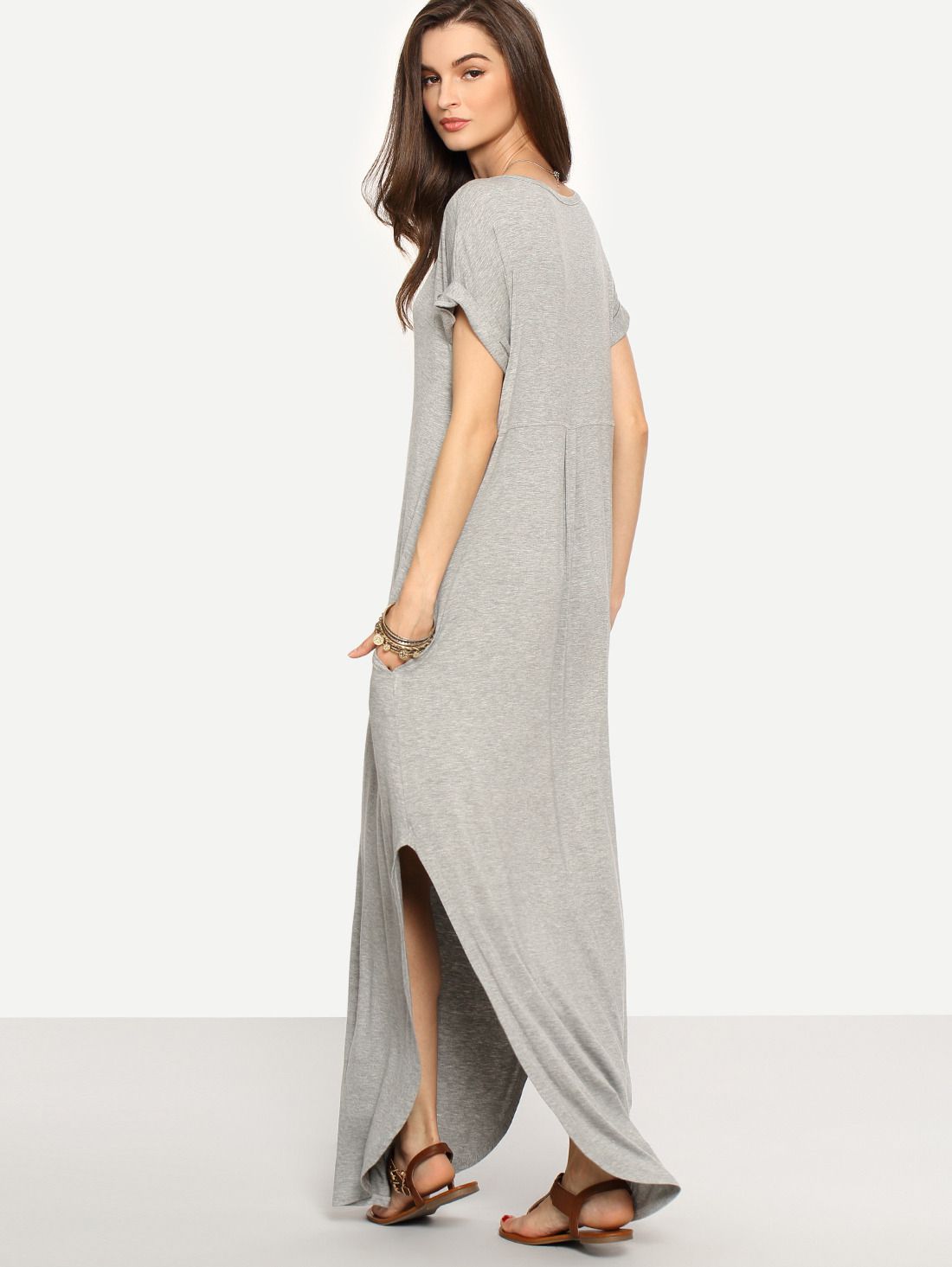 Grey Rolled-cuff Pockets Split Maxi Dress