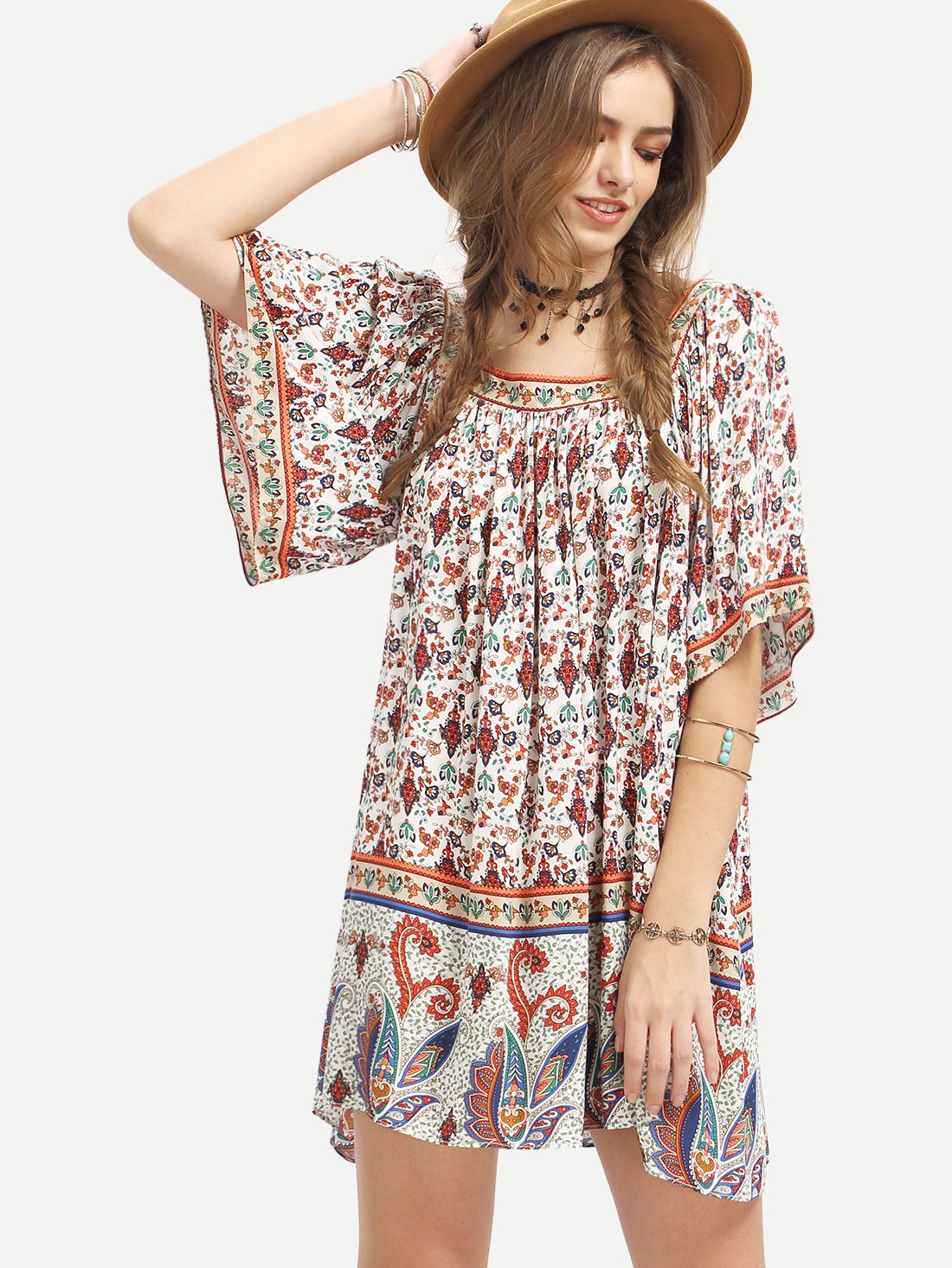 Multicolor Vintage Print Half Sleeve Shift Dress