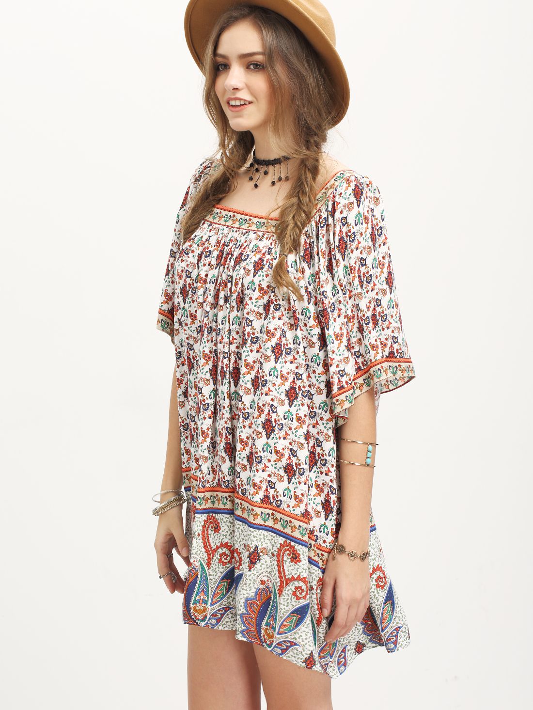 Multicolor Vintage Print Half Sleeve Shift Dress