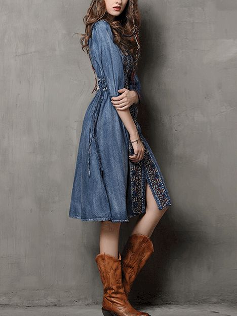 Buttoned Front Embroidered Denim Dress - Blue