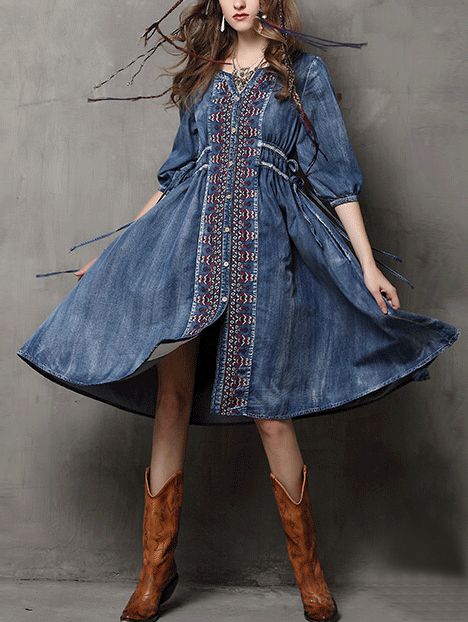 Buttoned Front Embroidered Denim Dress - Blue