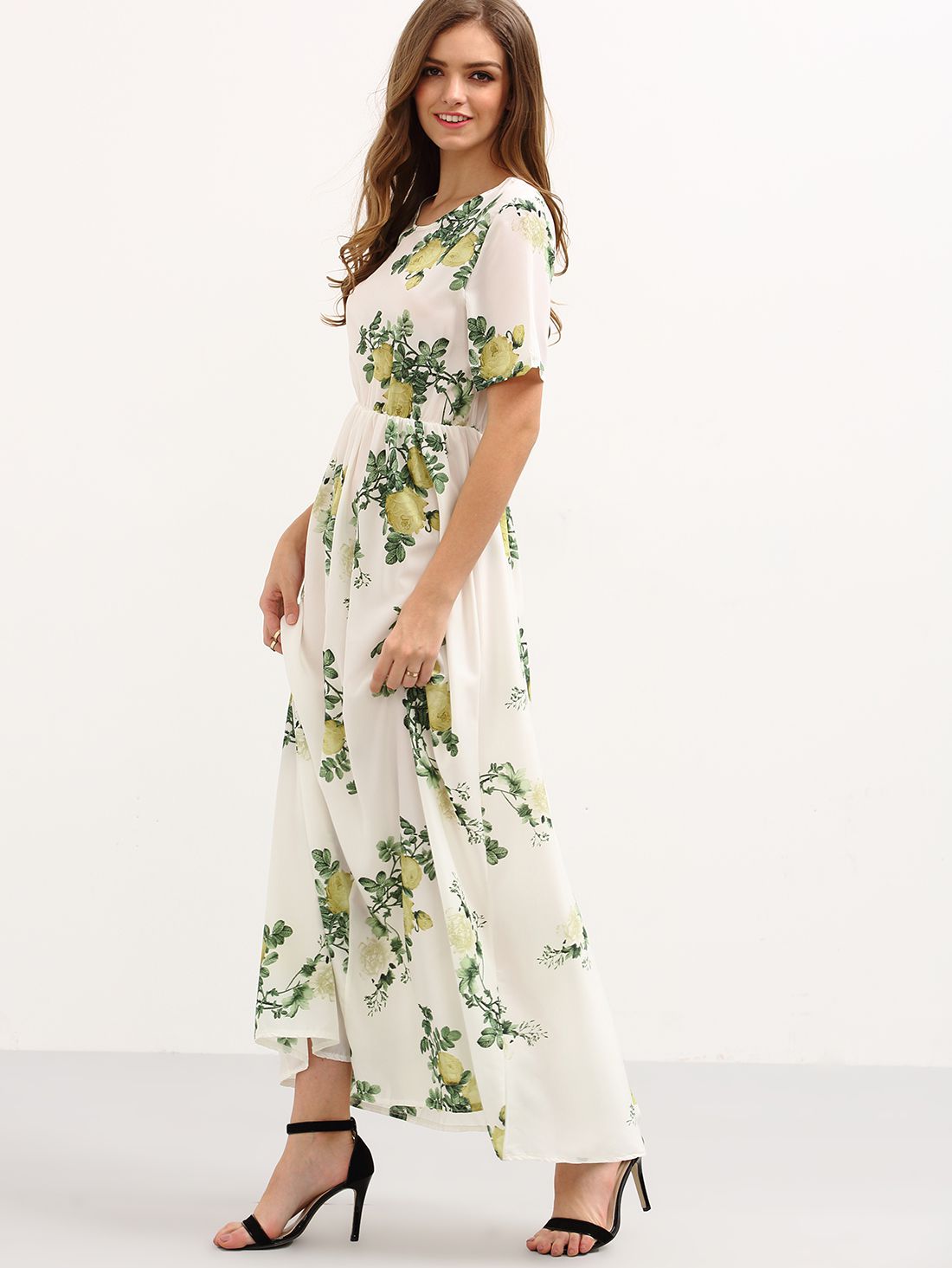 Flower Print High-Waist Dress - White