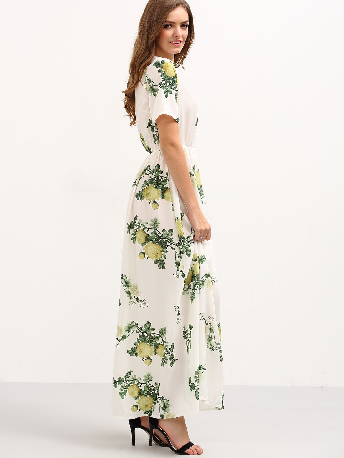 Flower Print High-Waist Dress - White