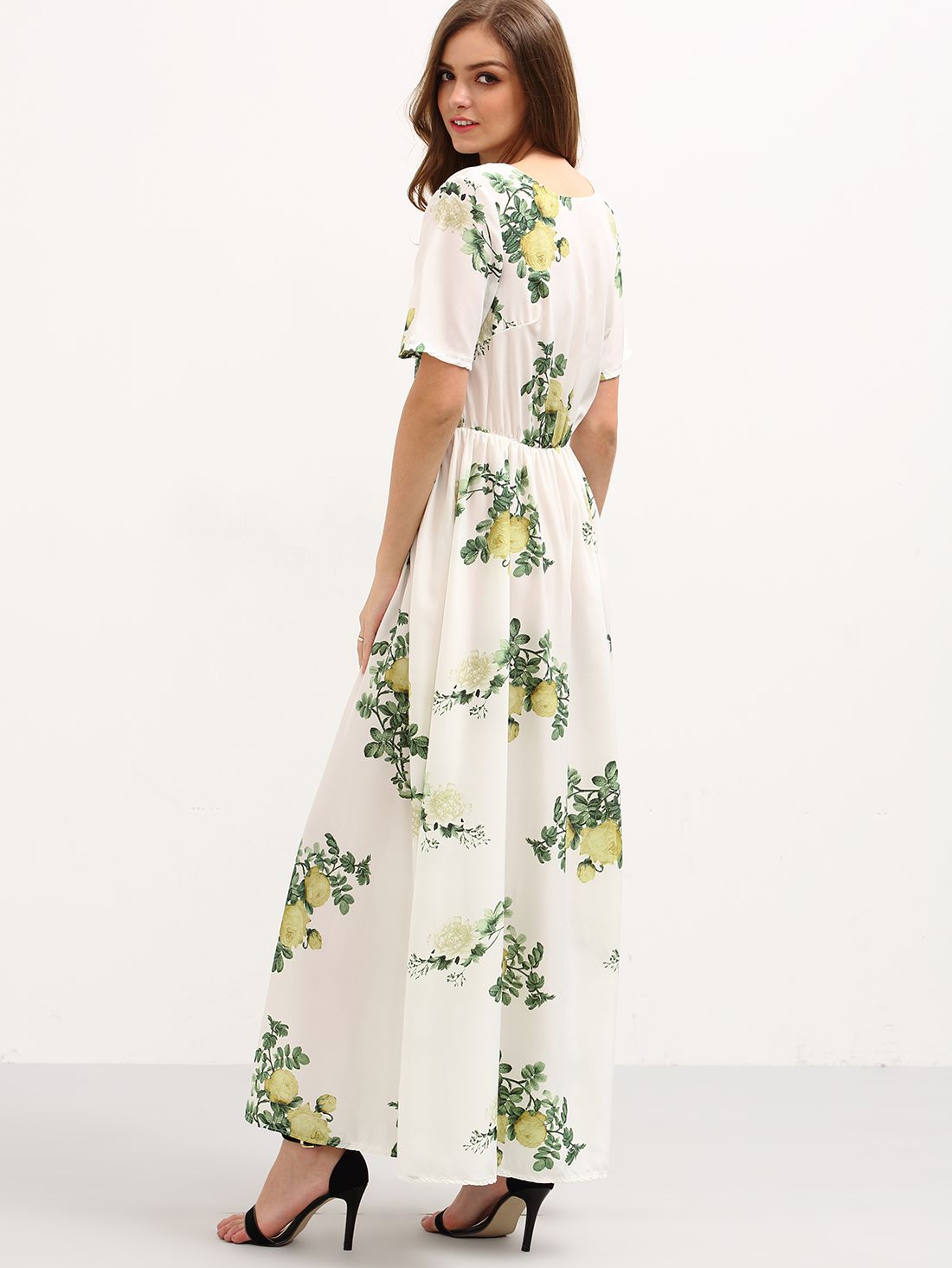 Flower Print High-Waist Dress - White