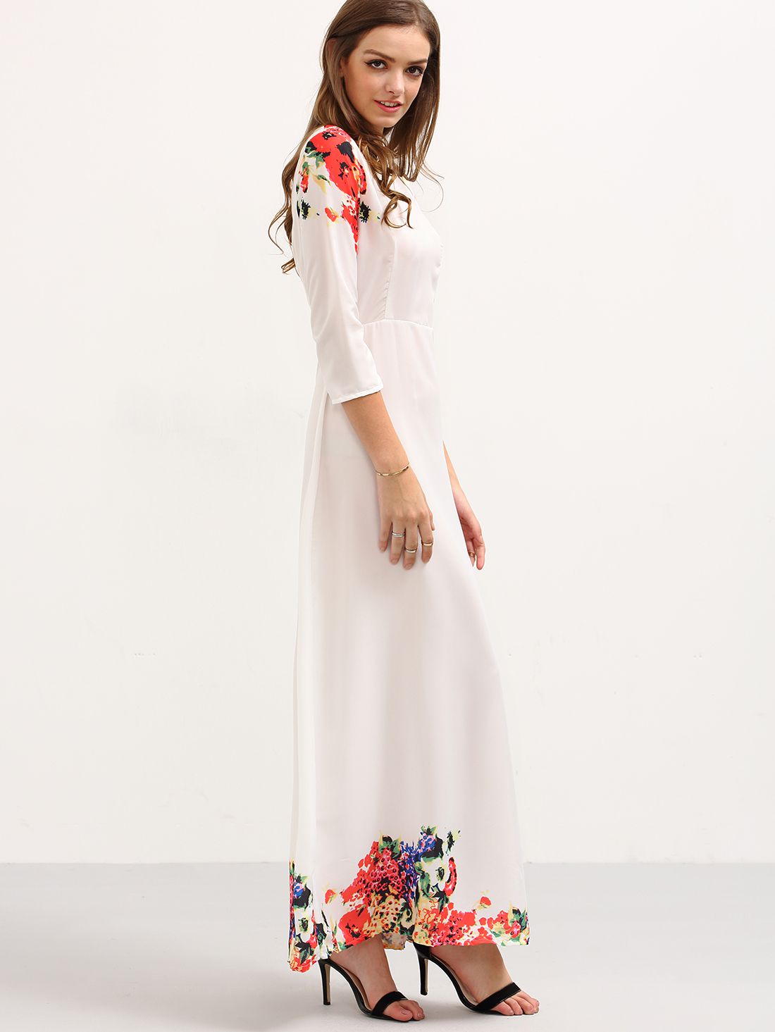 3/4 Sleeve Flower Print Long Dress - White