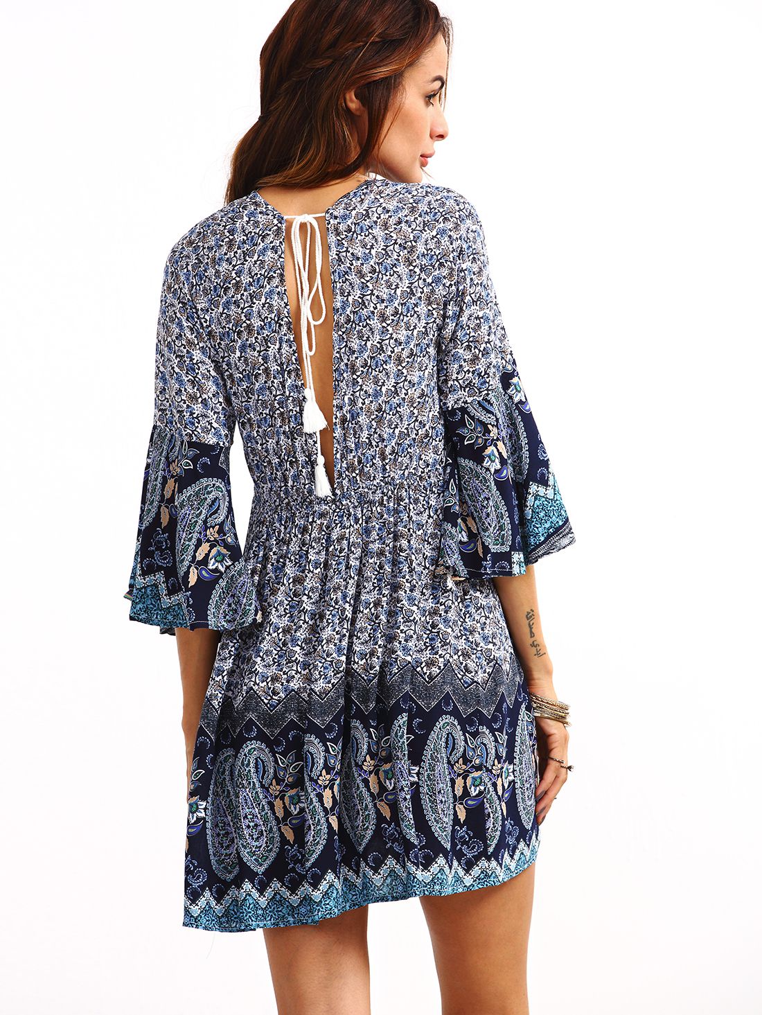 Double V-Neck Bell Sleeve Multicolor Paisley Print Dress