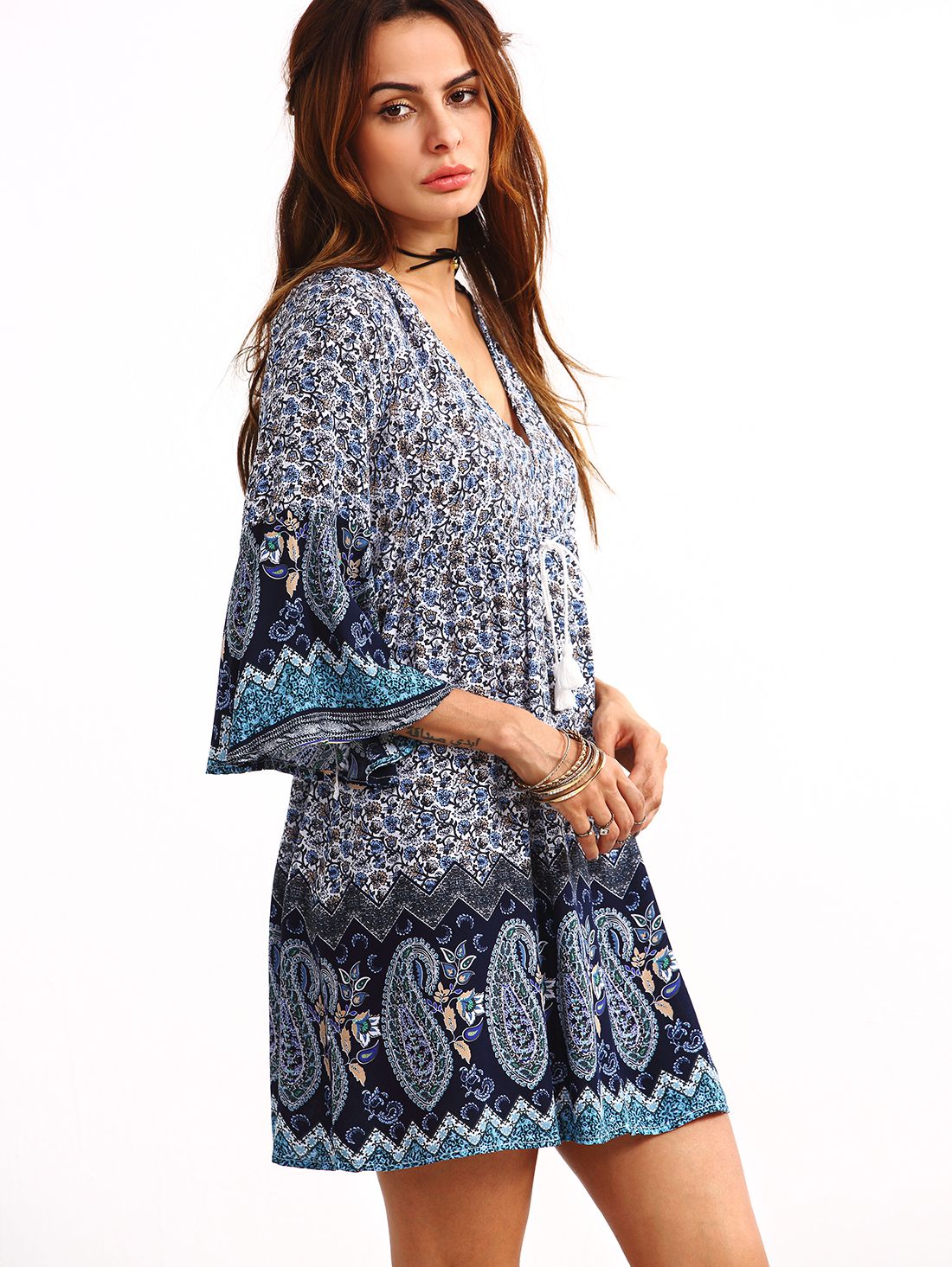 Double V-Neck Bell Sleeve Multicolor Paisley Print Dress