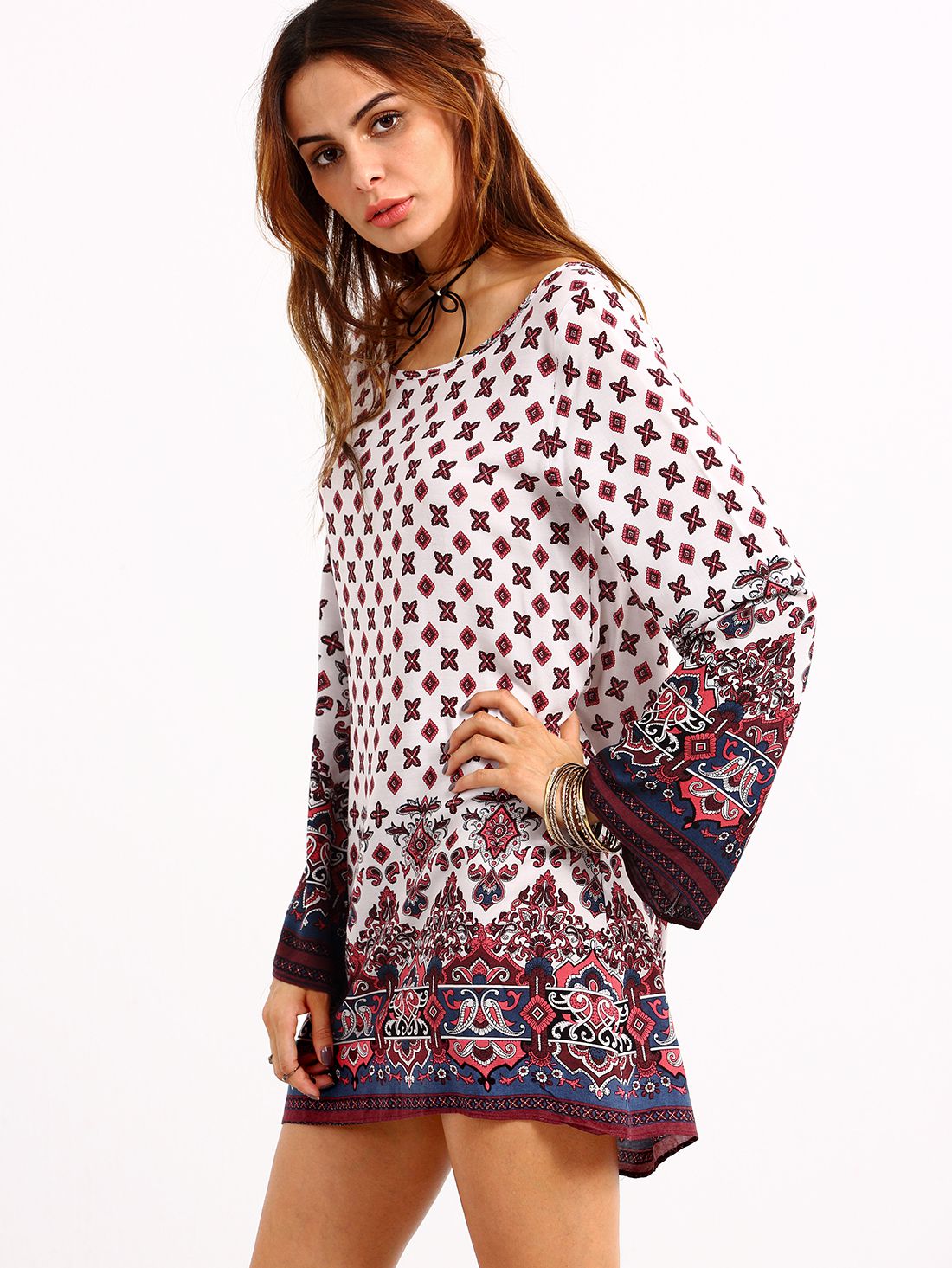 Paisley Print Bell Sleeve Dress - White