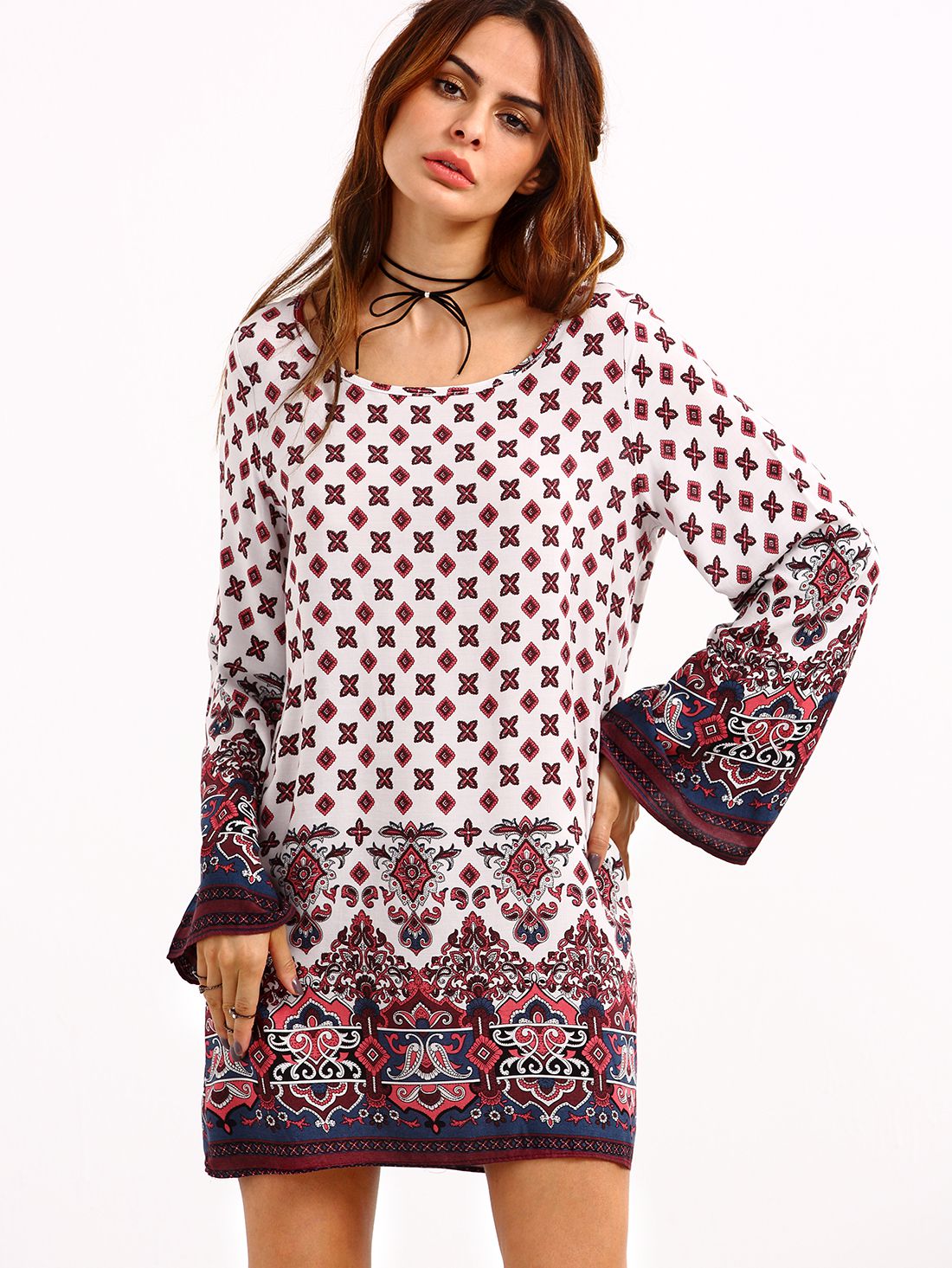 Paisley Print Bell Sleeve Dress - White