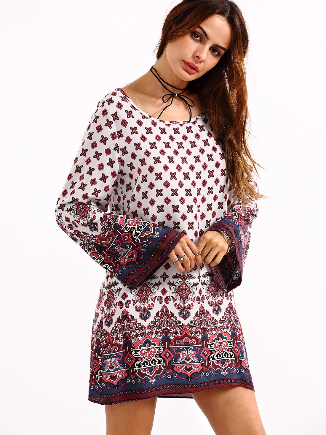 Paisley Print Bell Sleeve Dress - White