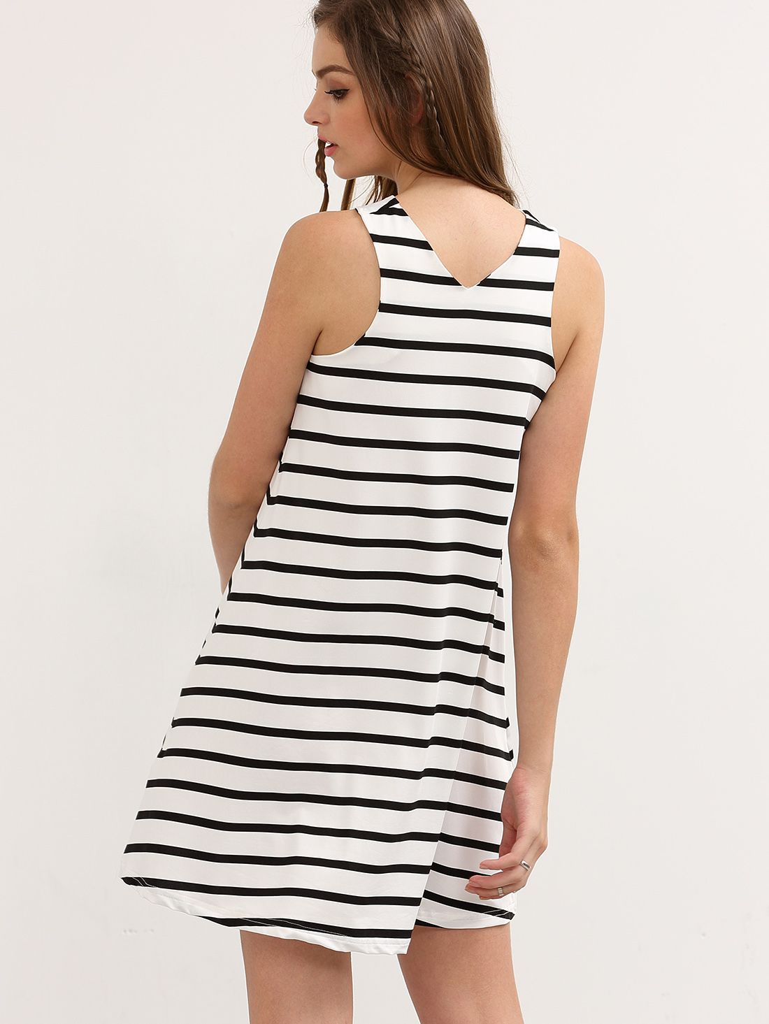 Black and White Striped Sleeveless V Neck Dress