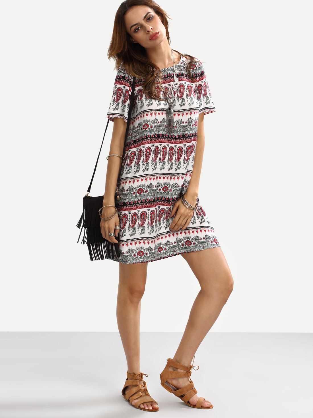 Multicolor Print Short Sleeve Shift Dress