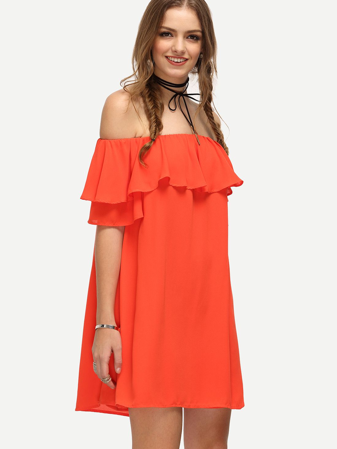 Red Off The Shoulder Ruffle Shift Dress