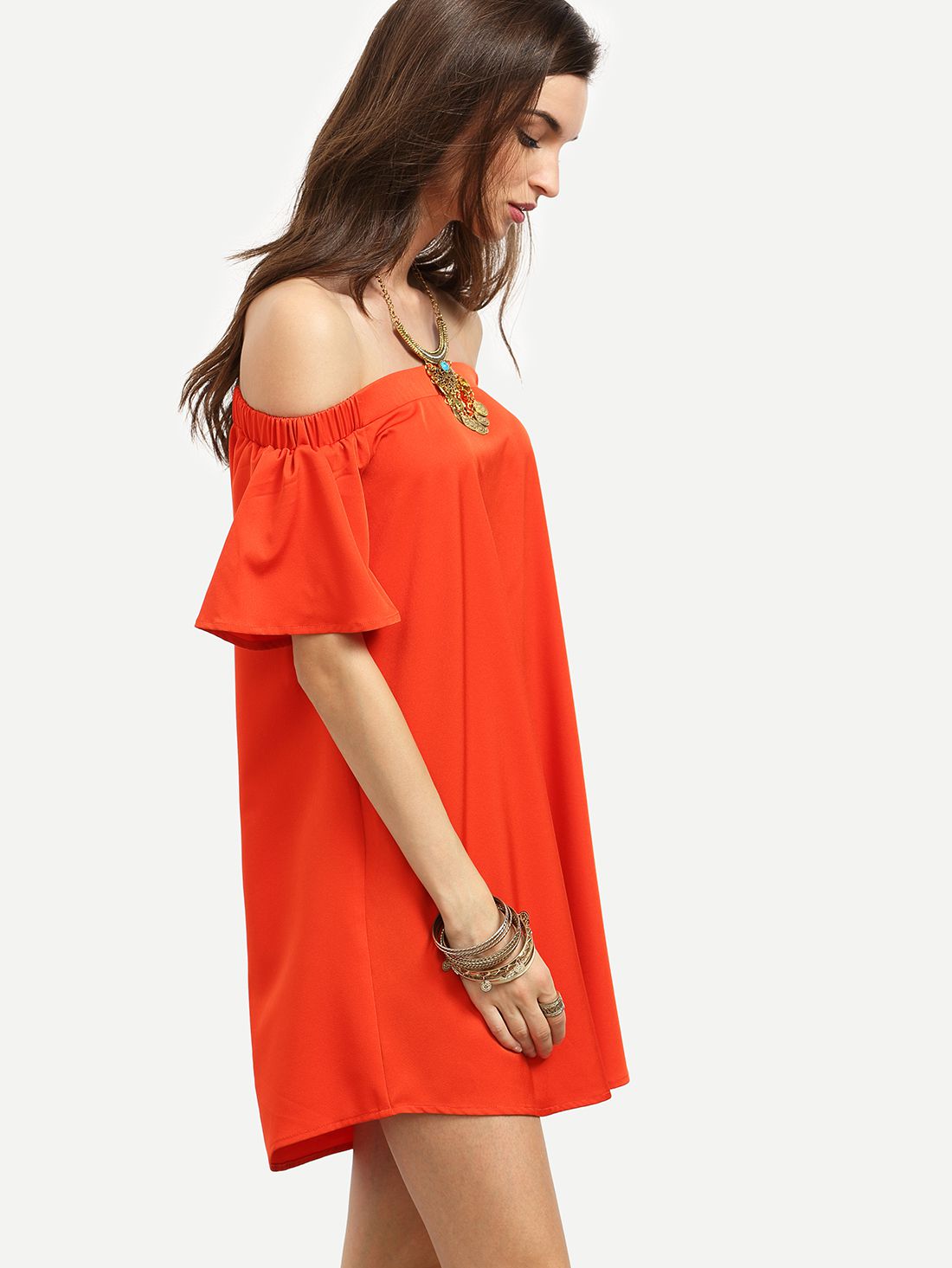 Red Ruffle Off The Shoulder Shift Dress