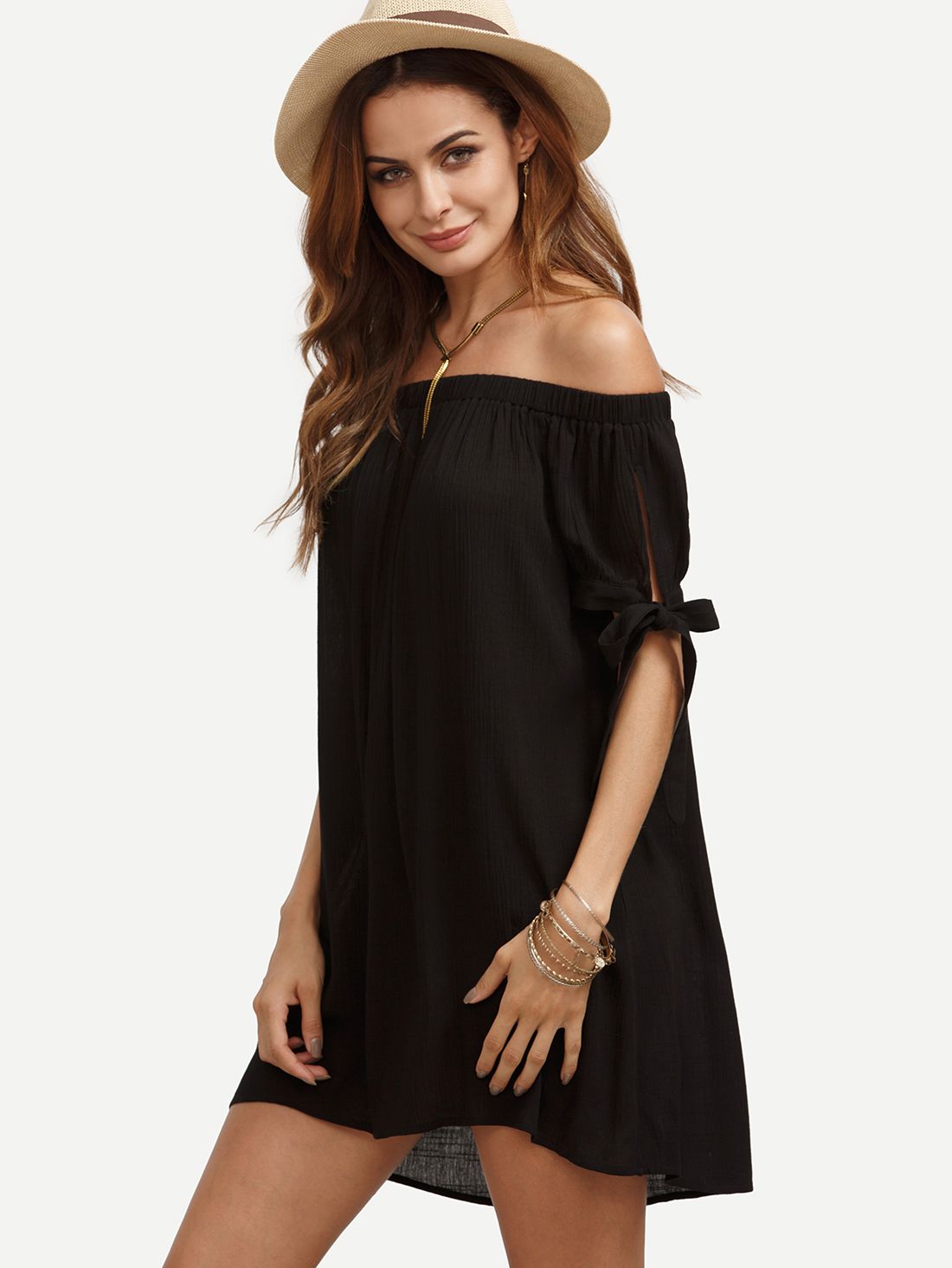 Black Off The Shoulder Tie Cuff Shift Dress