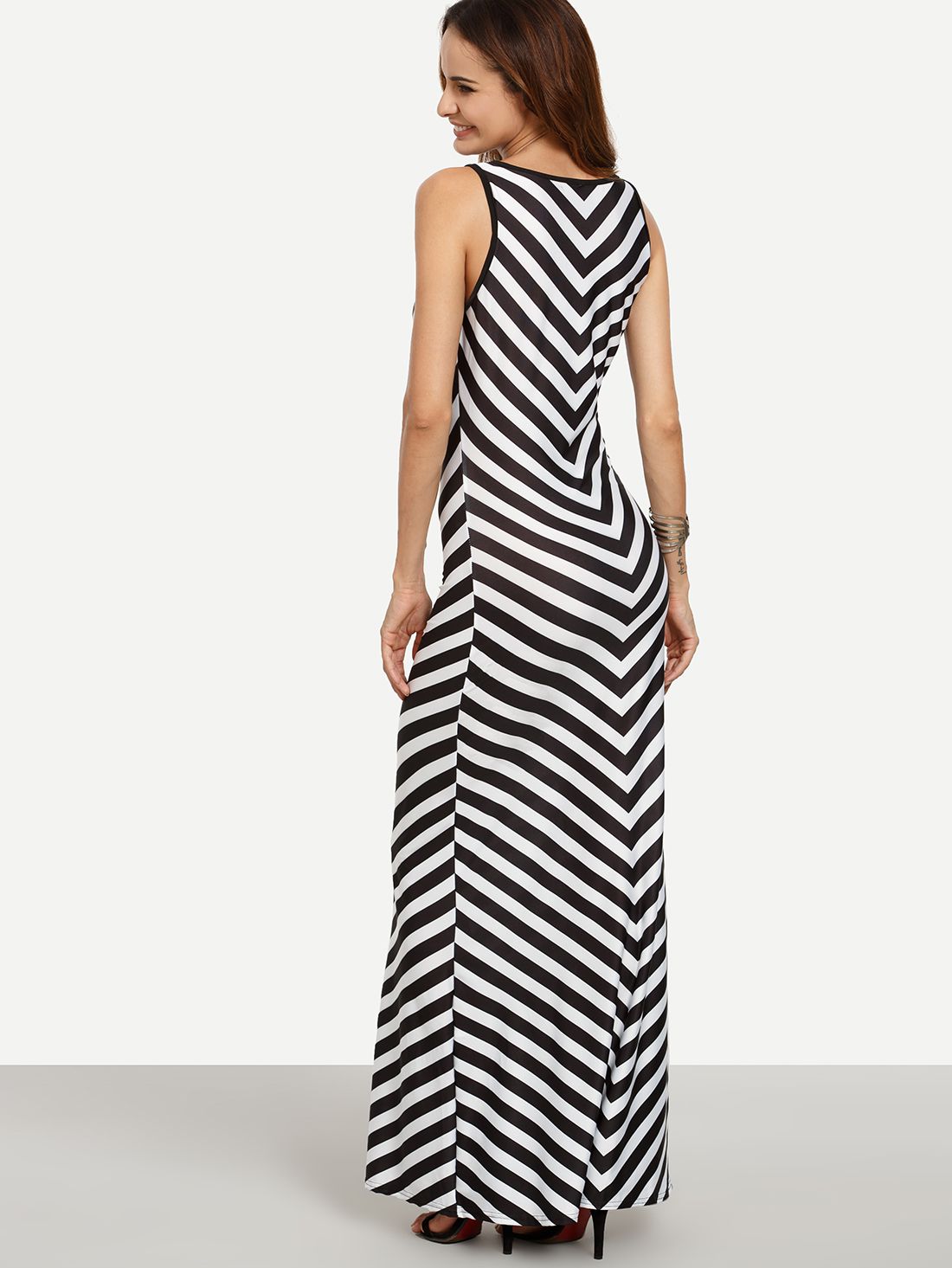 Black White Chevron Print Maxi Tank Dress