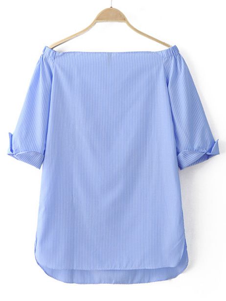 Blue Off The Shoulder Stripe Embroidery Dress