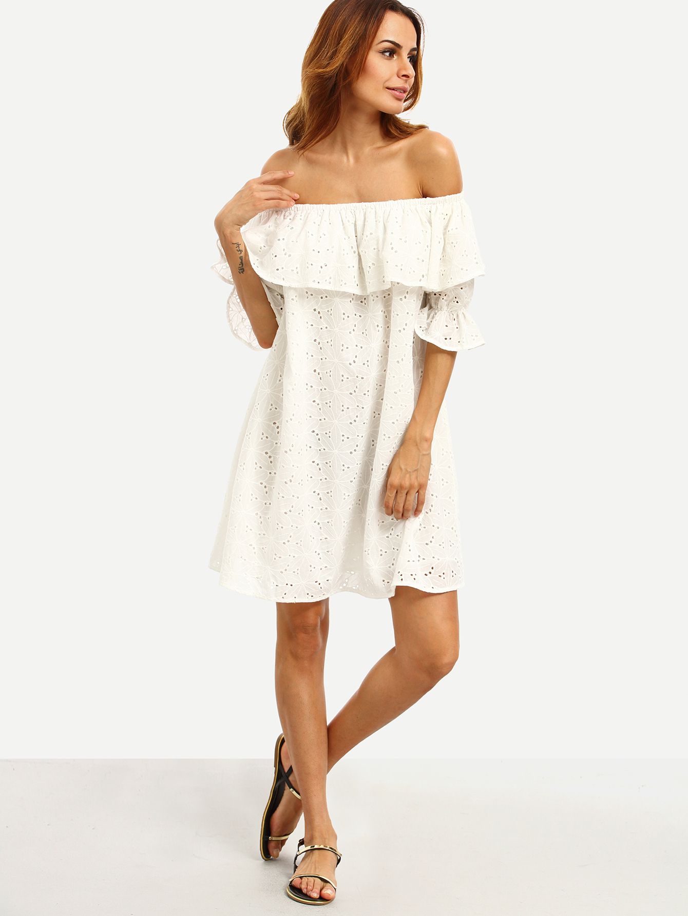 White Ruffle Off The Shoulder Shift Dress