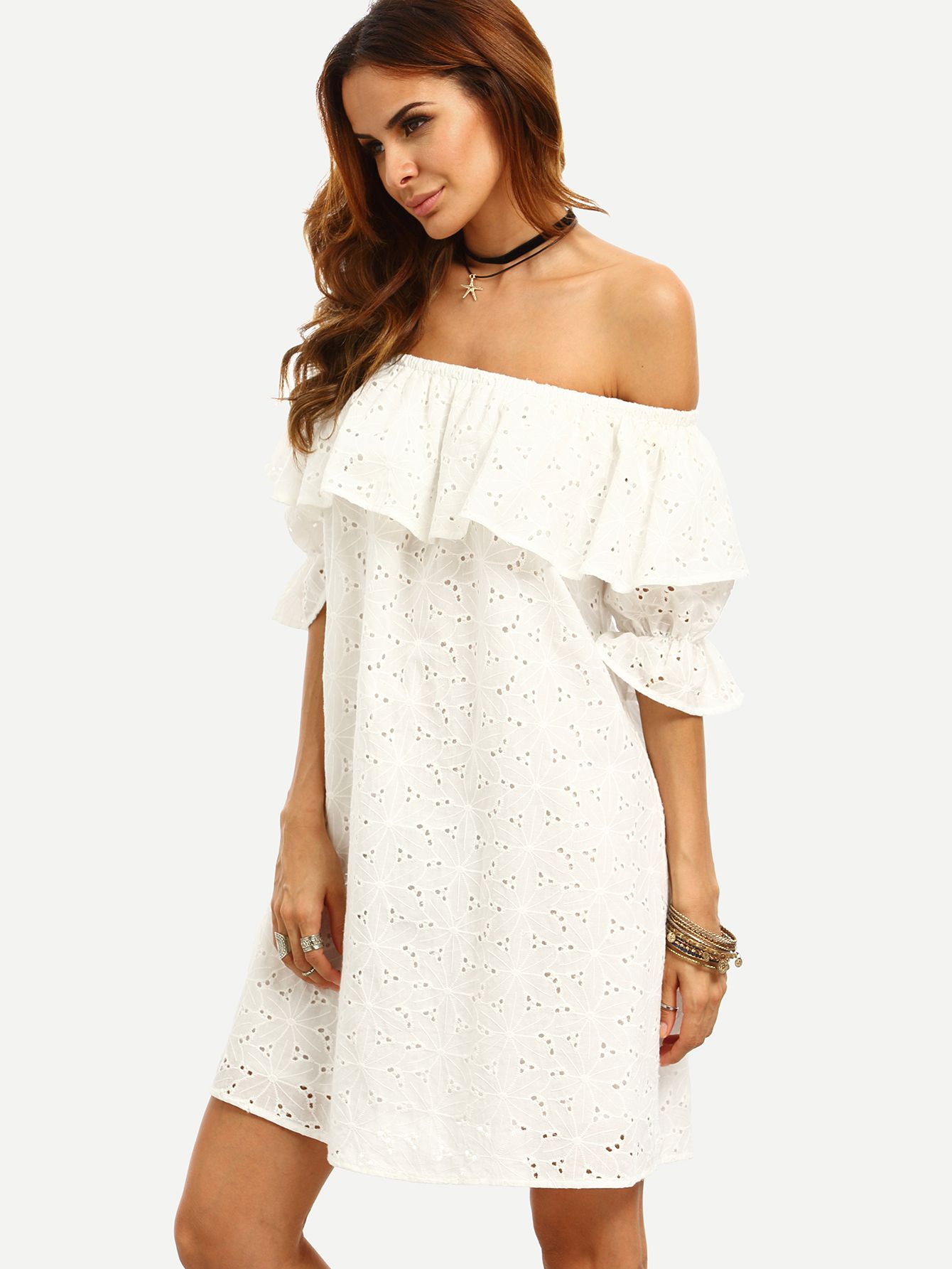 White Ruffle Off The Shoulder Shift Dress