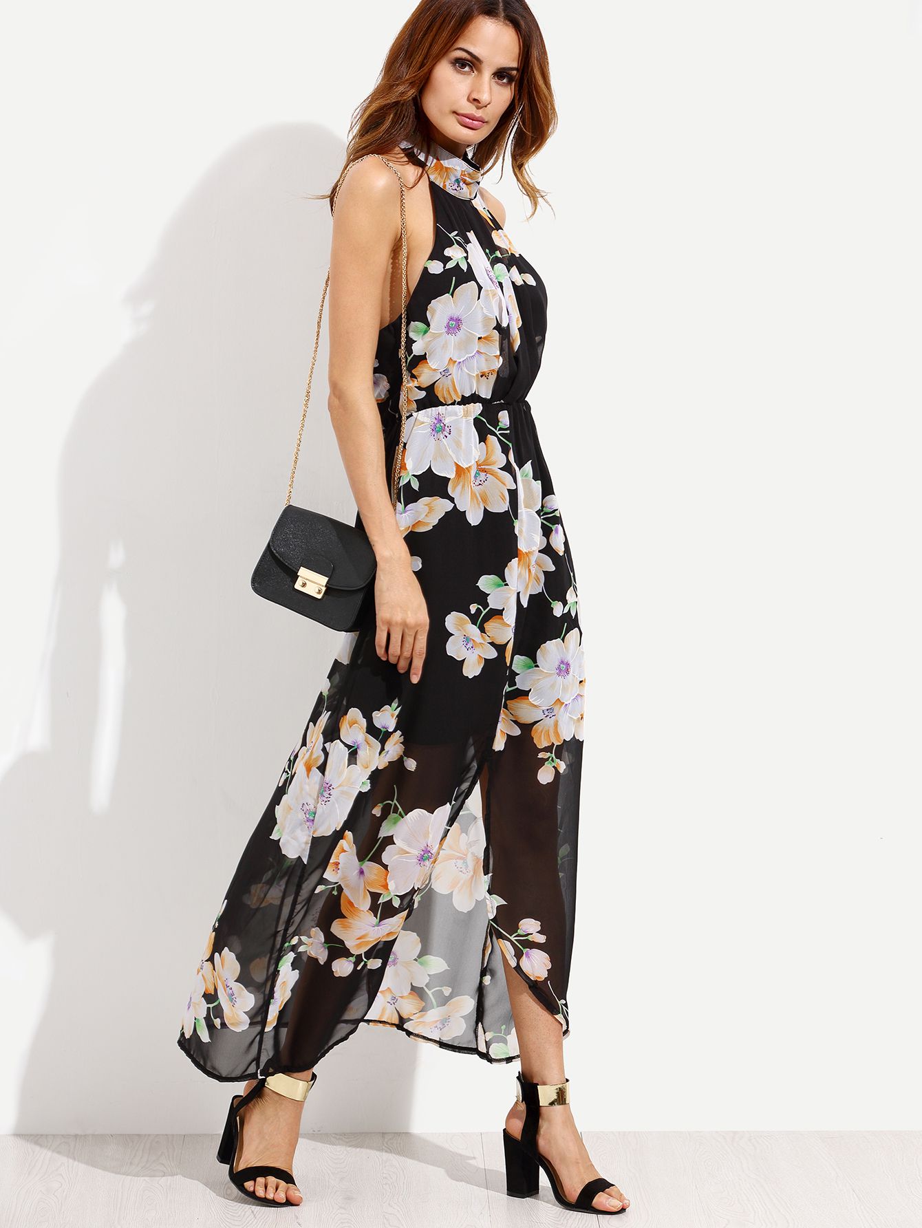 Black Flower Print Halter Neck Slit Chiffon Dress