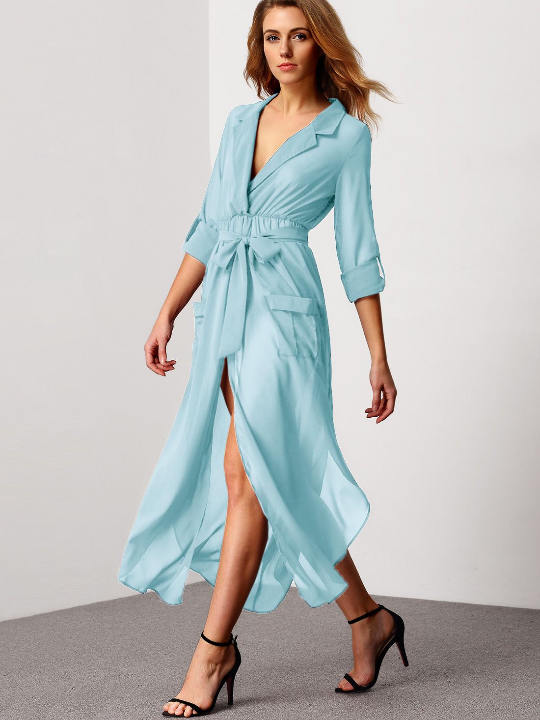 Blue Notch Lapel Belted Shirt Dress With Pocket