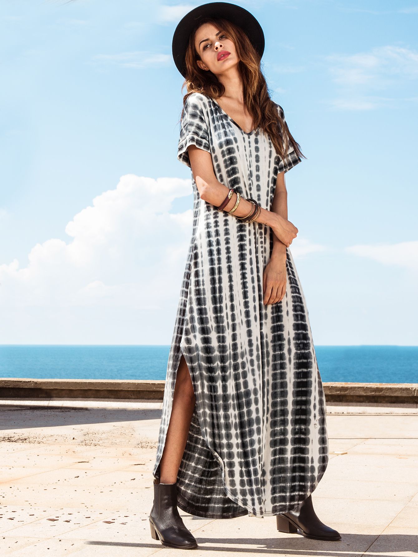 Tie-dye V Neck Short Sleeve Split Long Dress