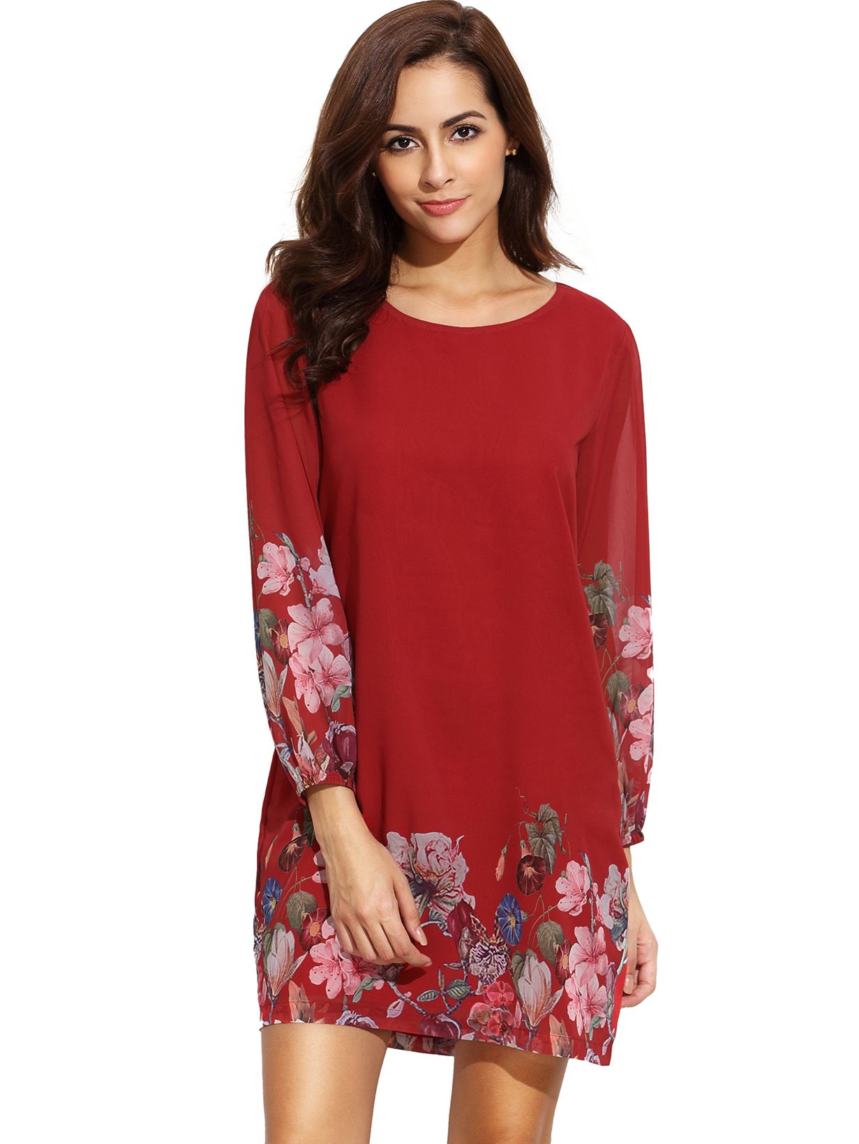 Red Lantern Sleeve Floral Shift Dress