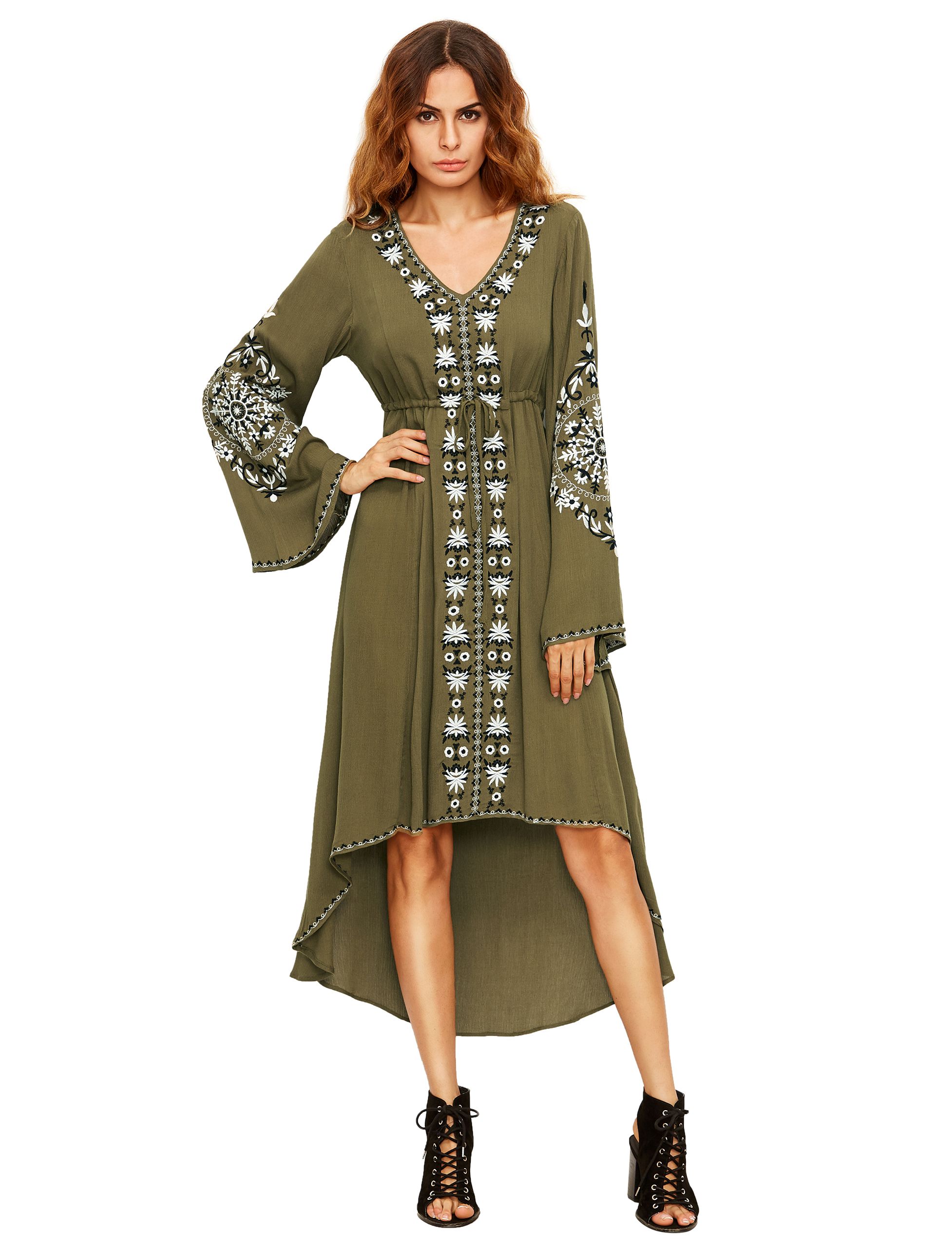 Army Green Bell Sleeve Tribal Print Dress