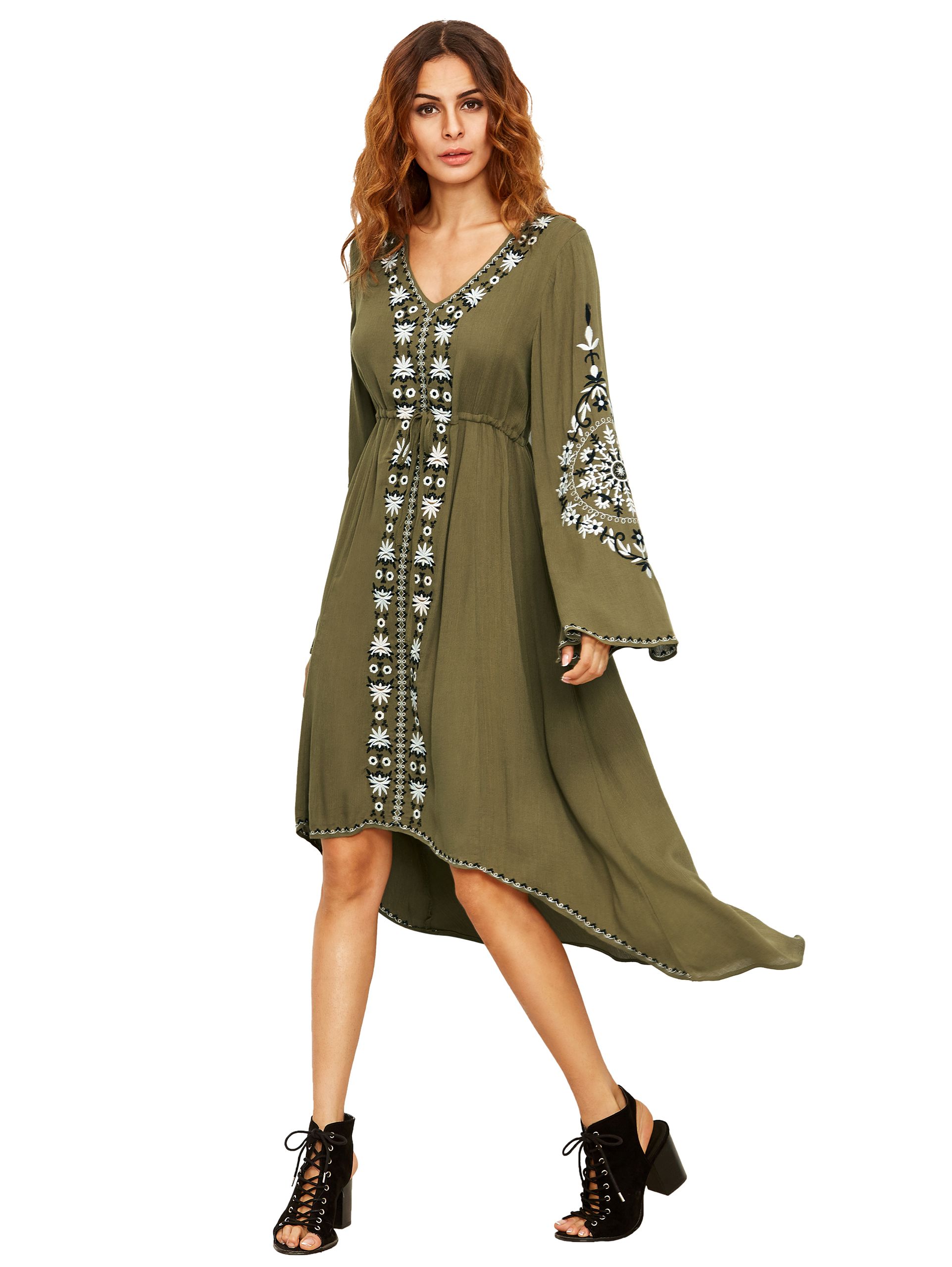 Army Green Bell Sleeve Tribal Print Dress