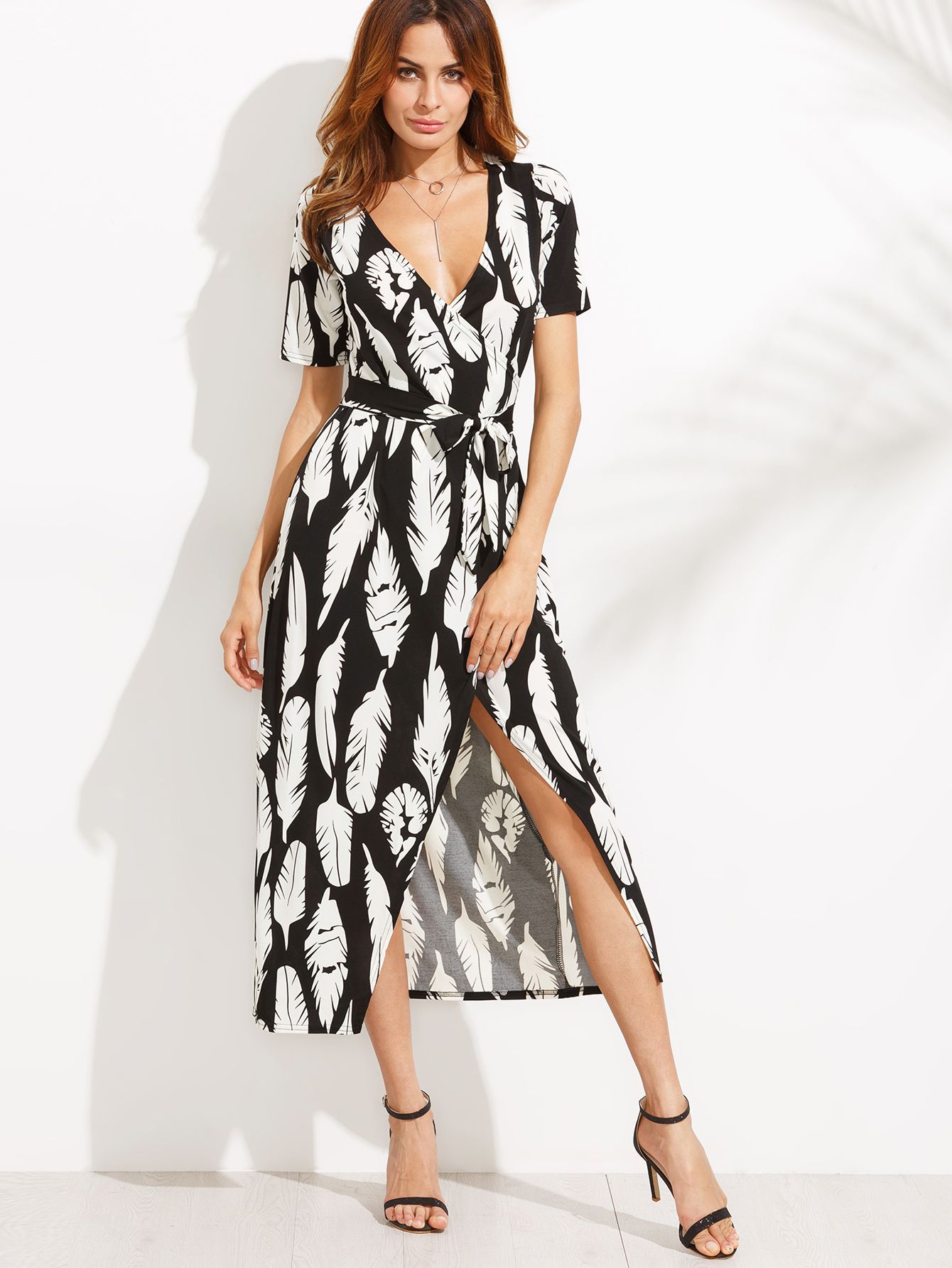 Deep V Neck Feather Print Self Tie Split Wrap Dress