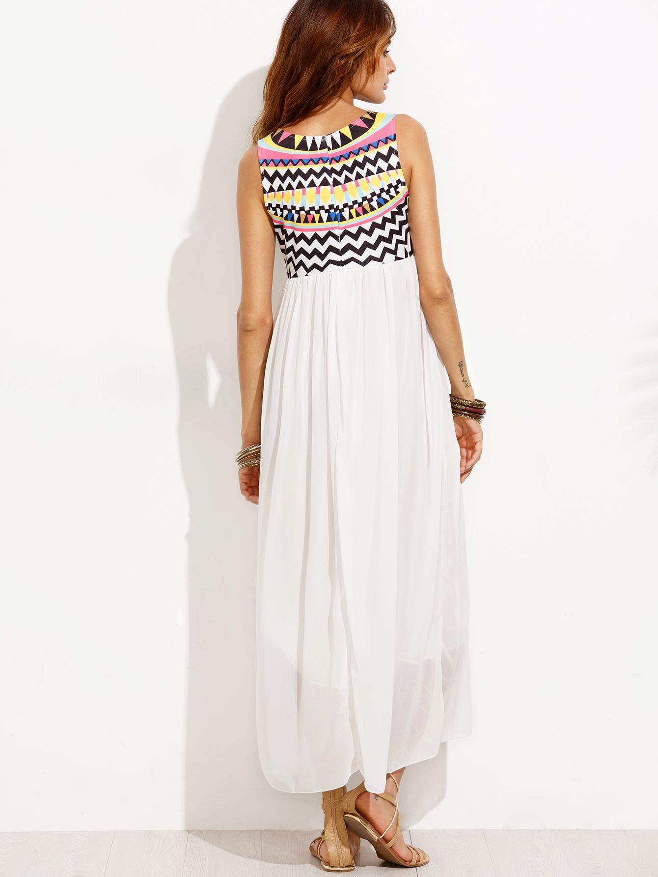 White Tribal Print Chiffon Dress