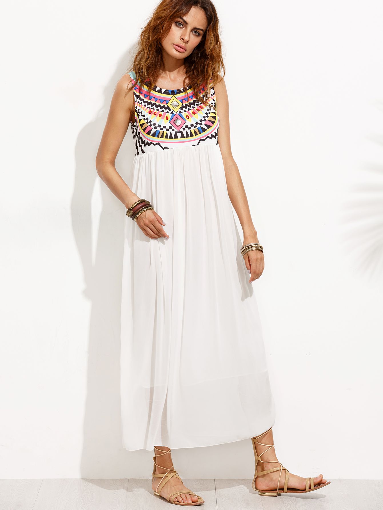 White Tribal Print Chiffon Dress