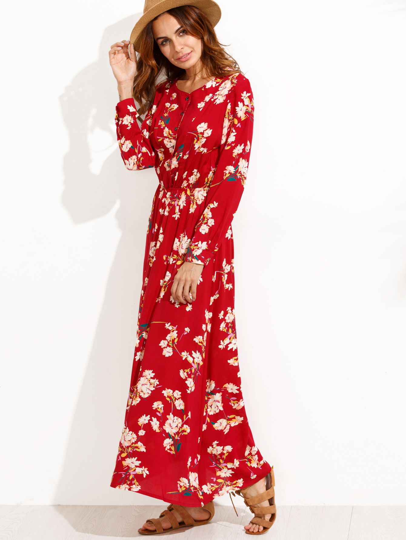 Red Floral Print Buttons Front Shirt Dress