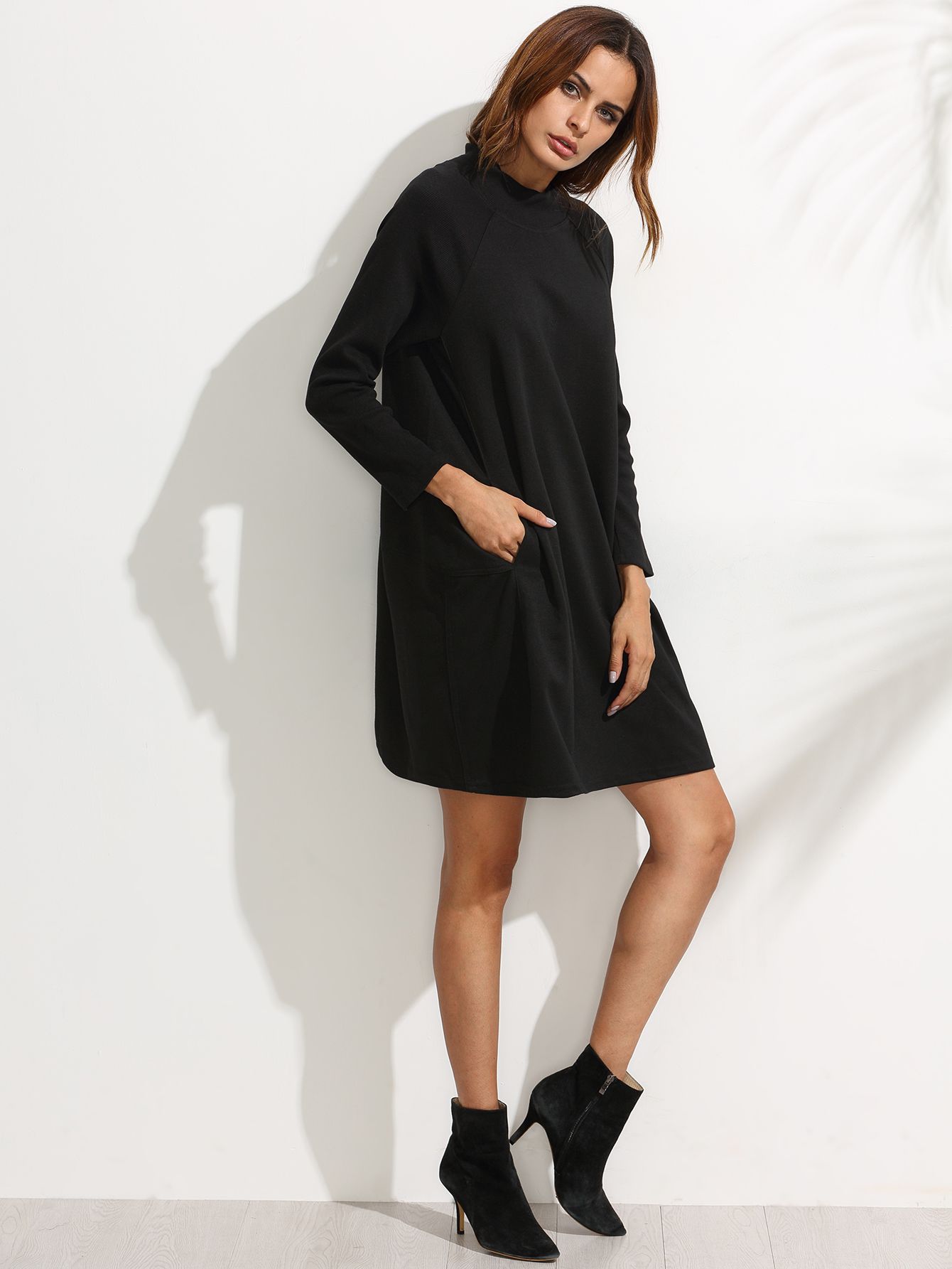 Black Ribbed Raglan Sleeve Sweatshirt Dress