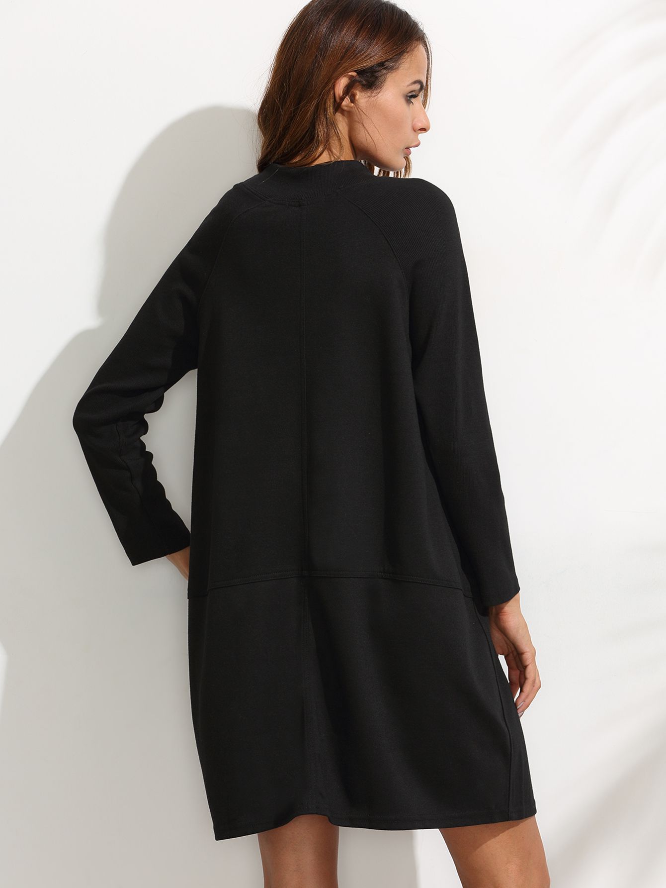 Black Ribbed Raglan Sleeve Sweatshirt Dress