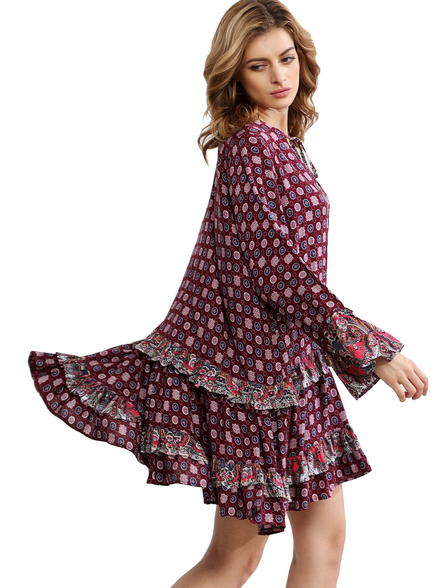 Multicolor V Neck Ruffle Shift Dress