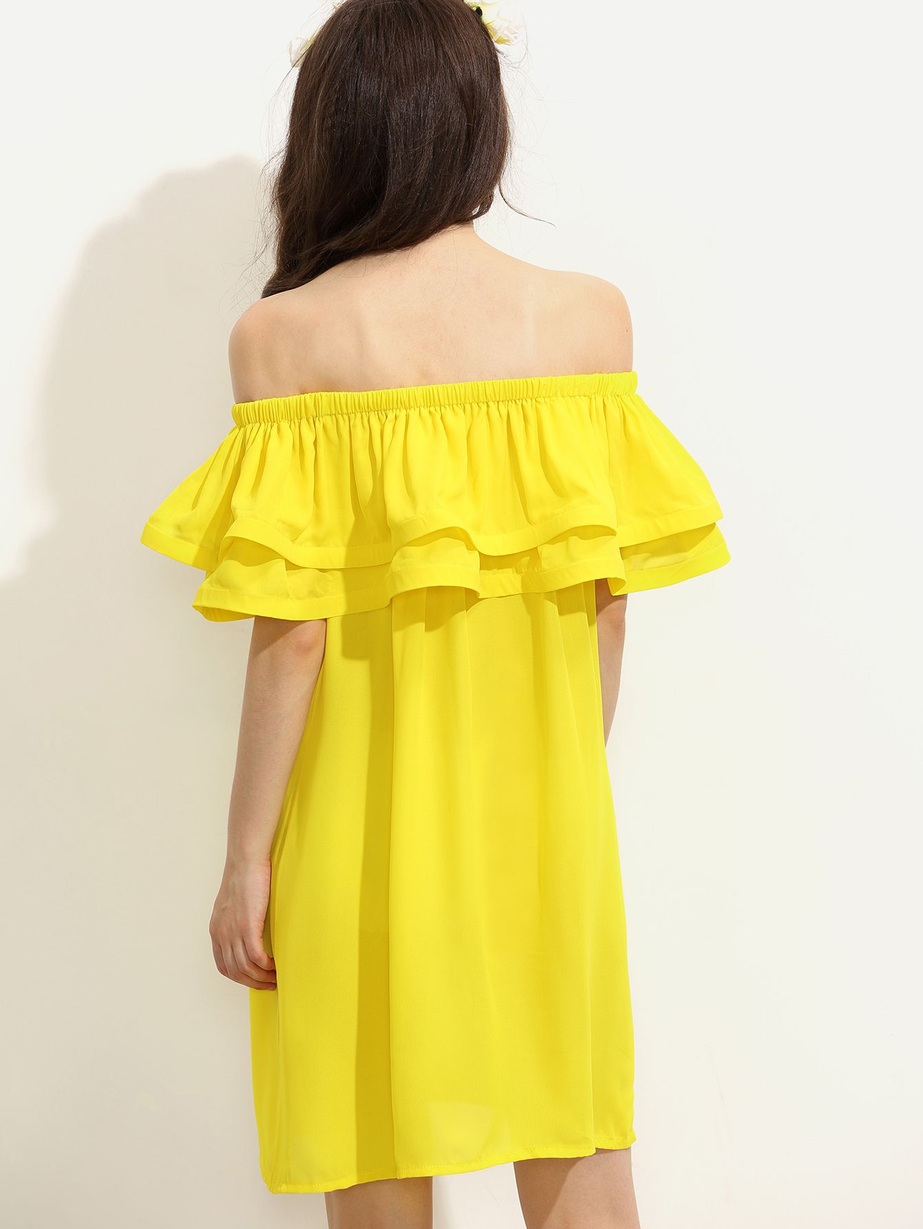 Yellow Ruffle Off The Shoulder Shift Dress