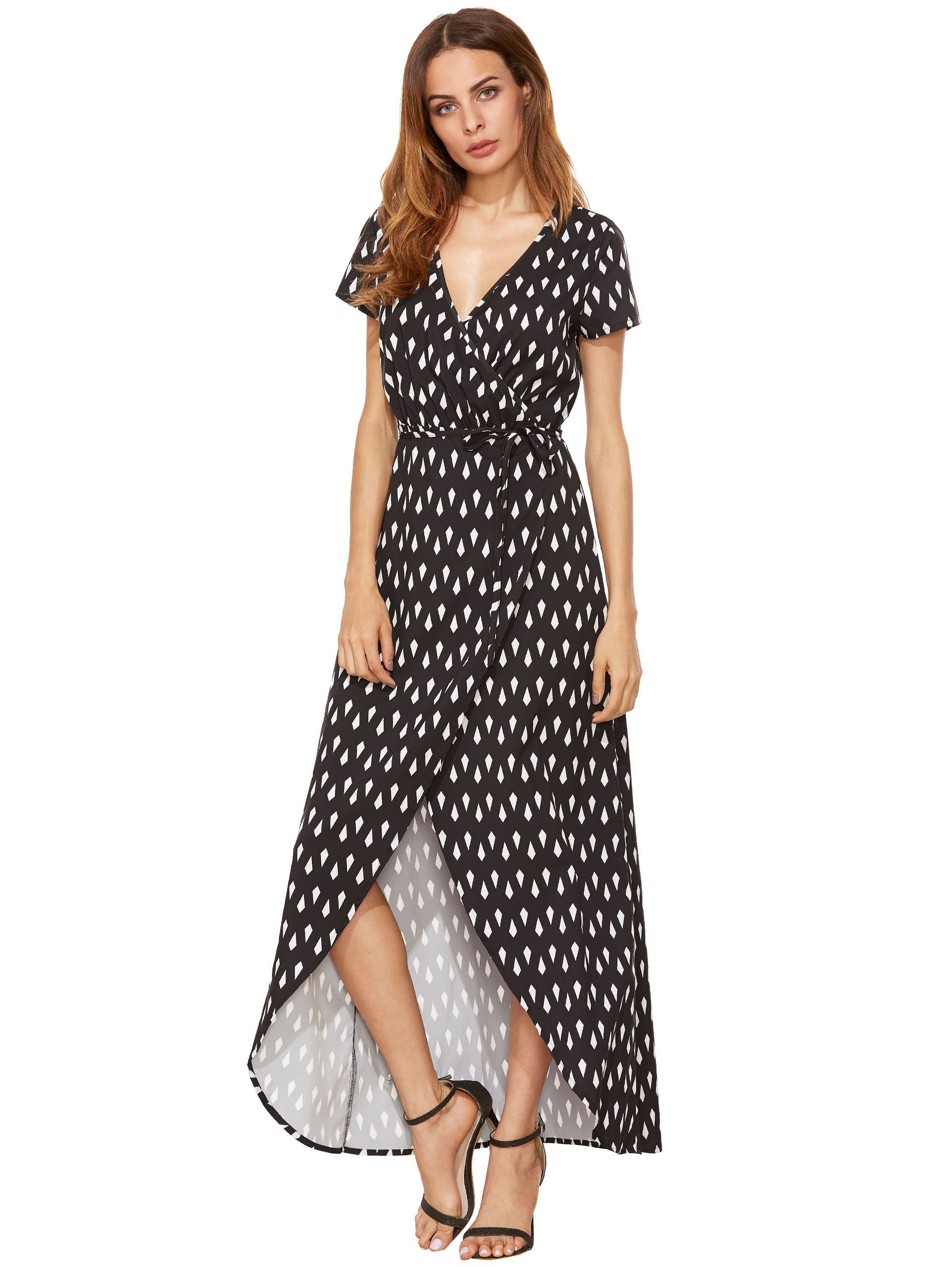 Black White Print Split Long Dress