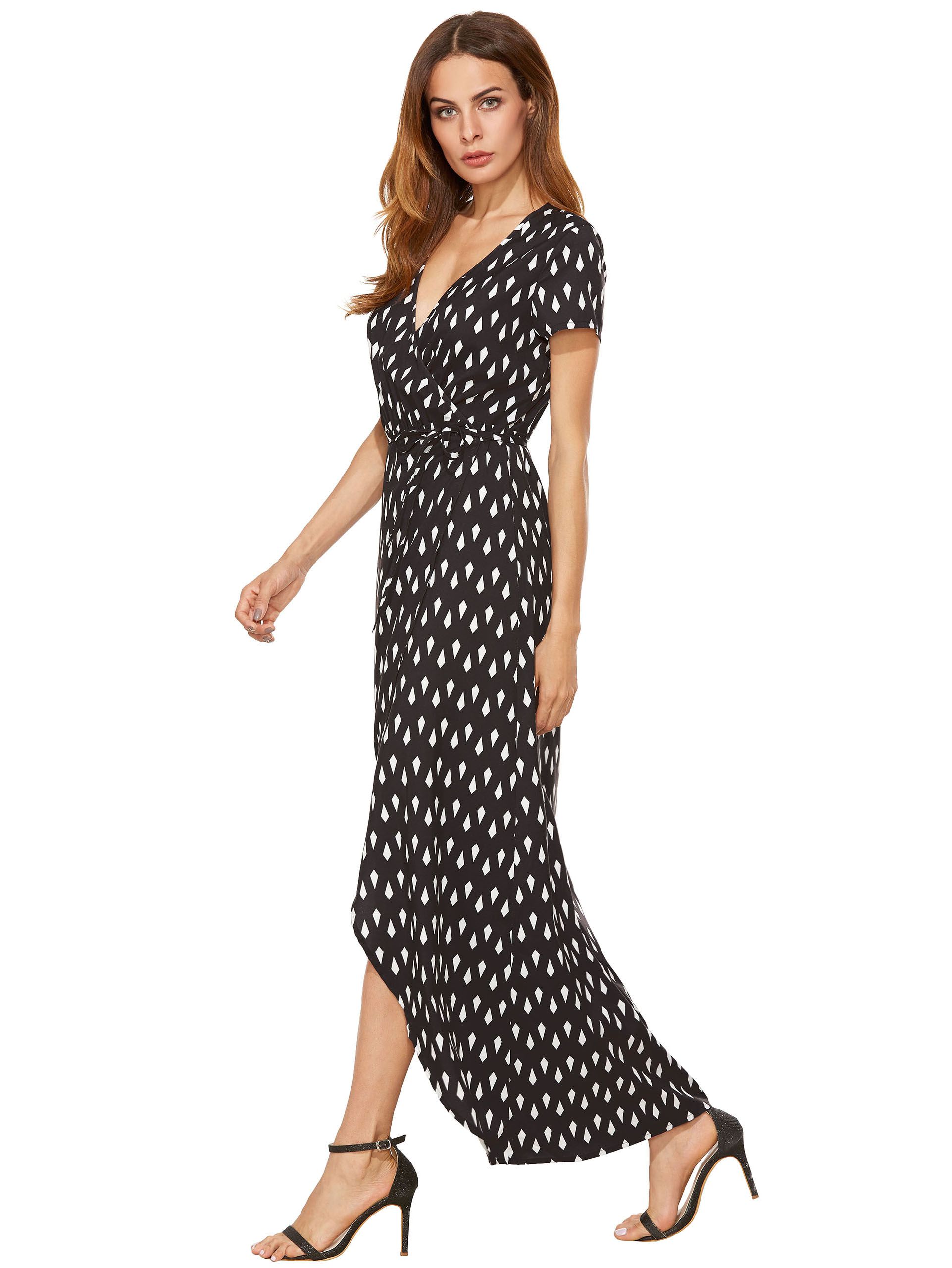 Black White Print Split Long Dress