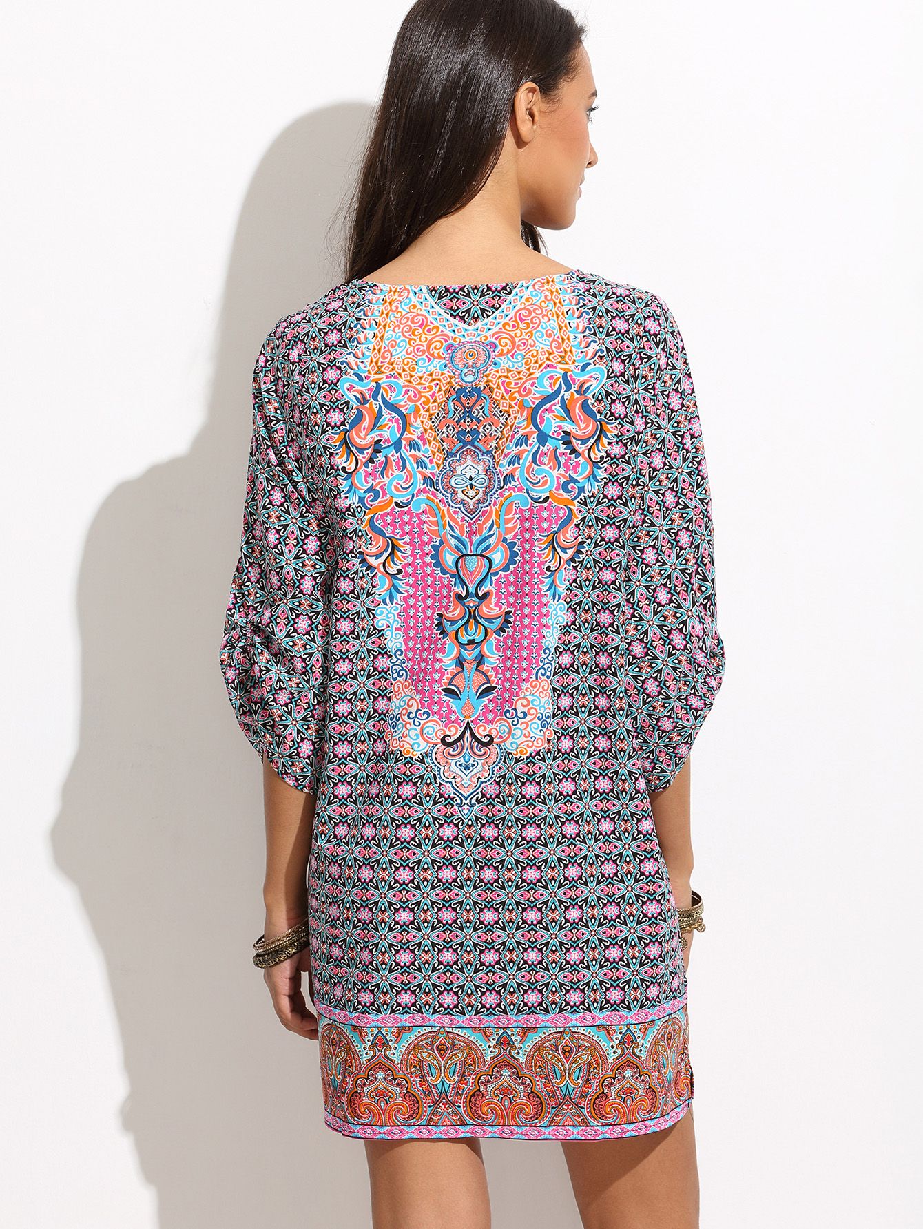 Multicolor Half Sleeve V Neck Printed Dress