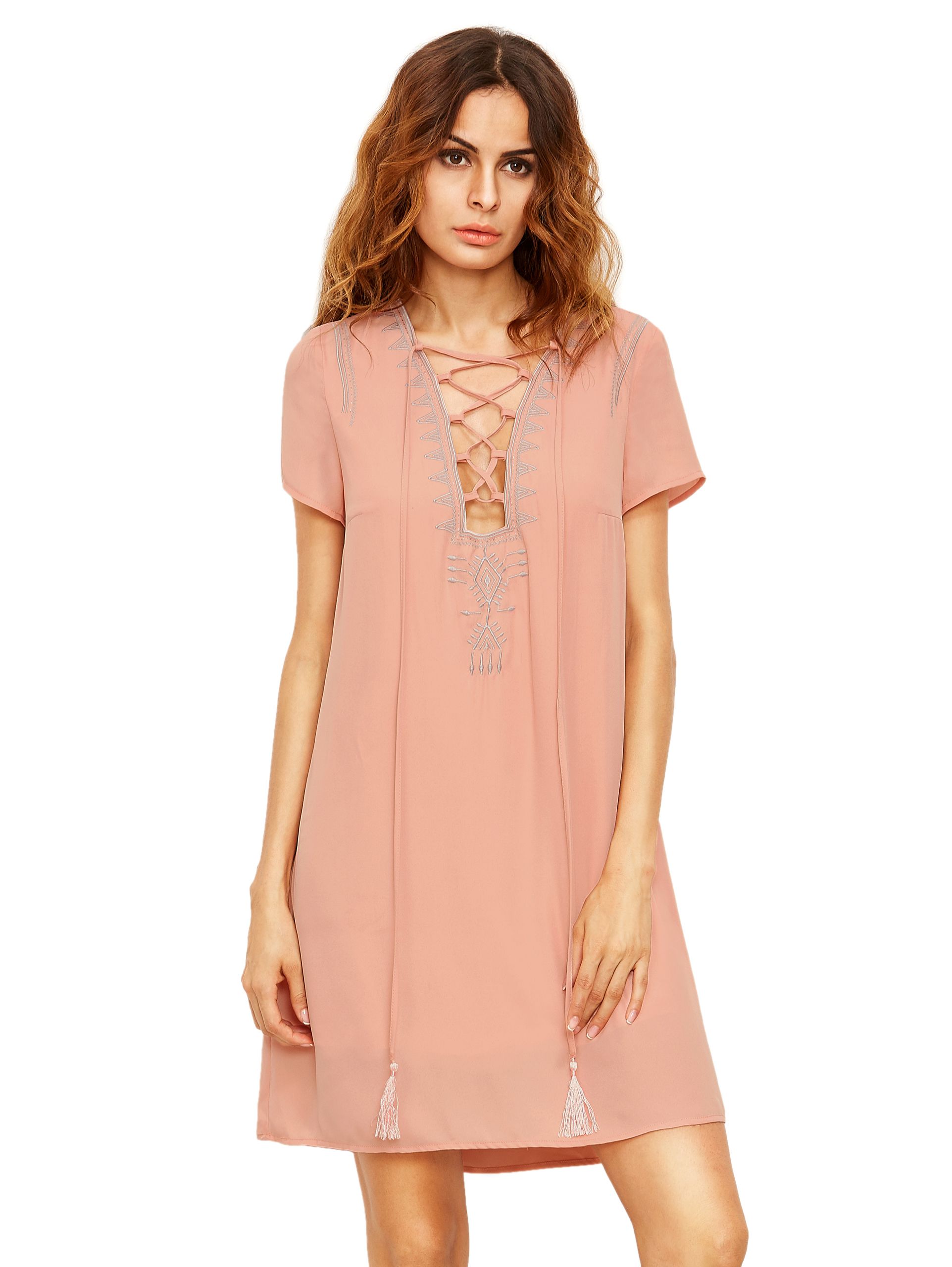 Pink Lace Up Print Front Shift Dress