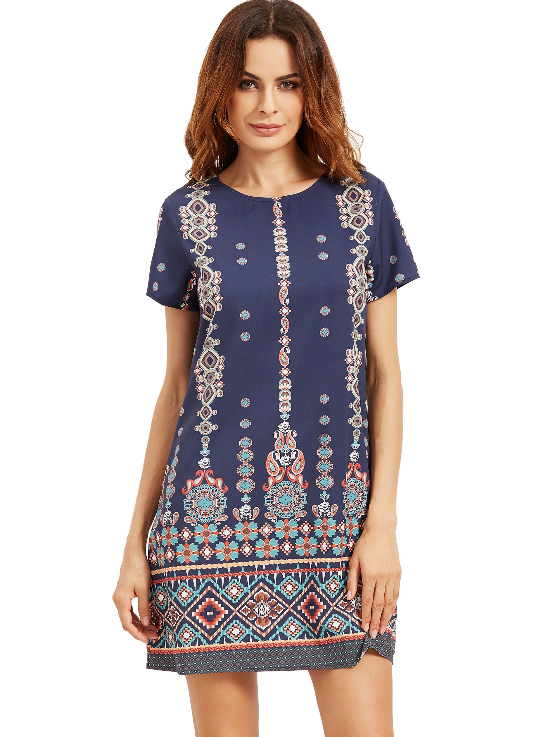 Aztec Print Short Sleeve Shift Dress