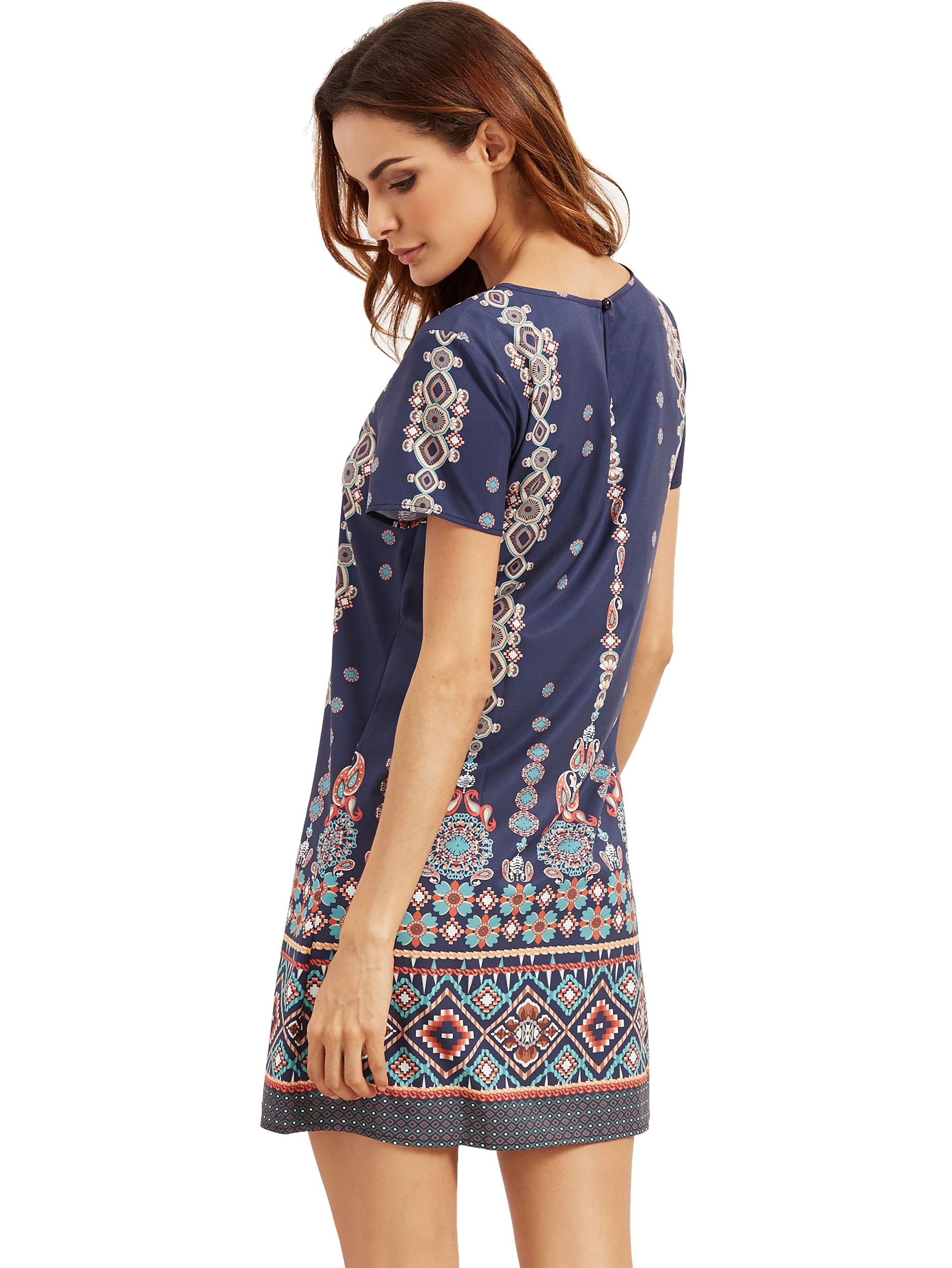 Aztec Print Short Sleeve Shift Dress