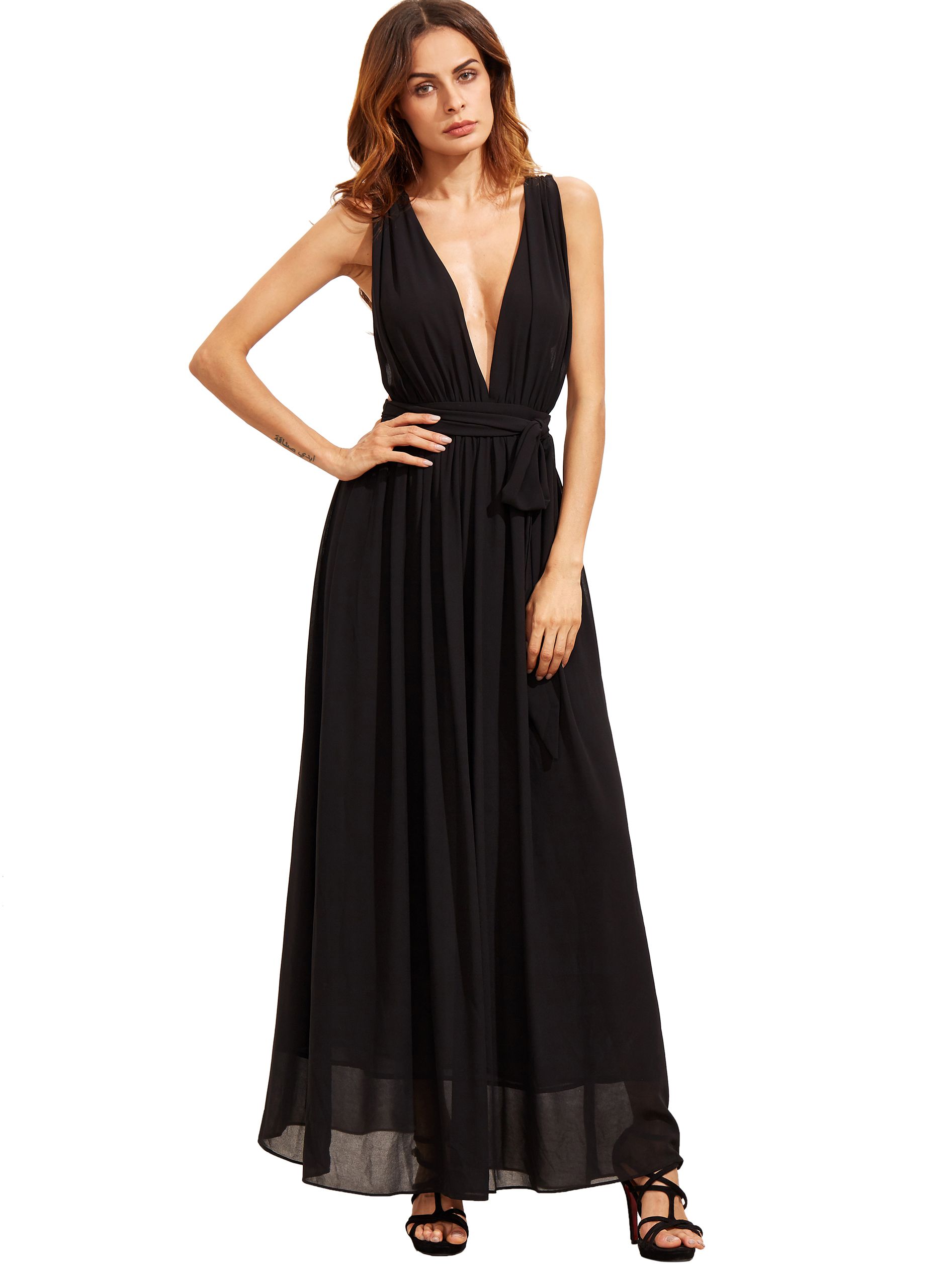 Black Deep V Neck Self-tie Waist Maxi Dress