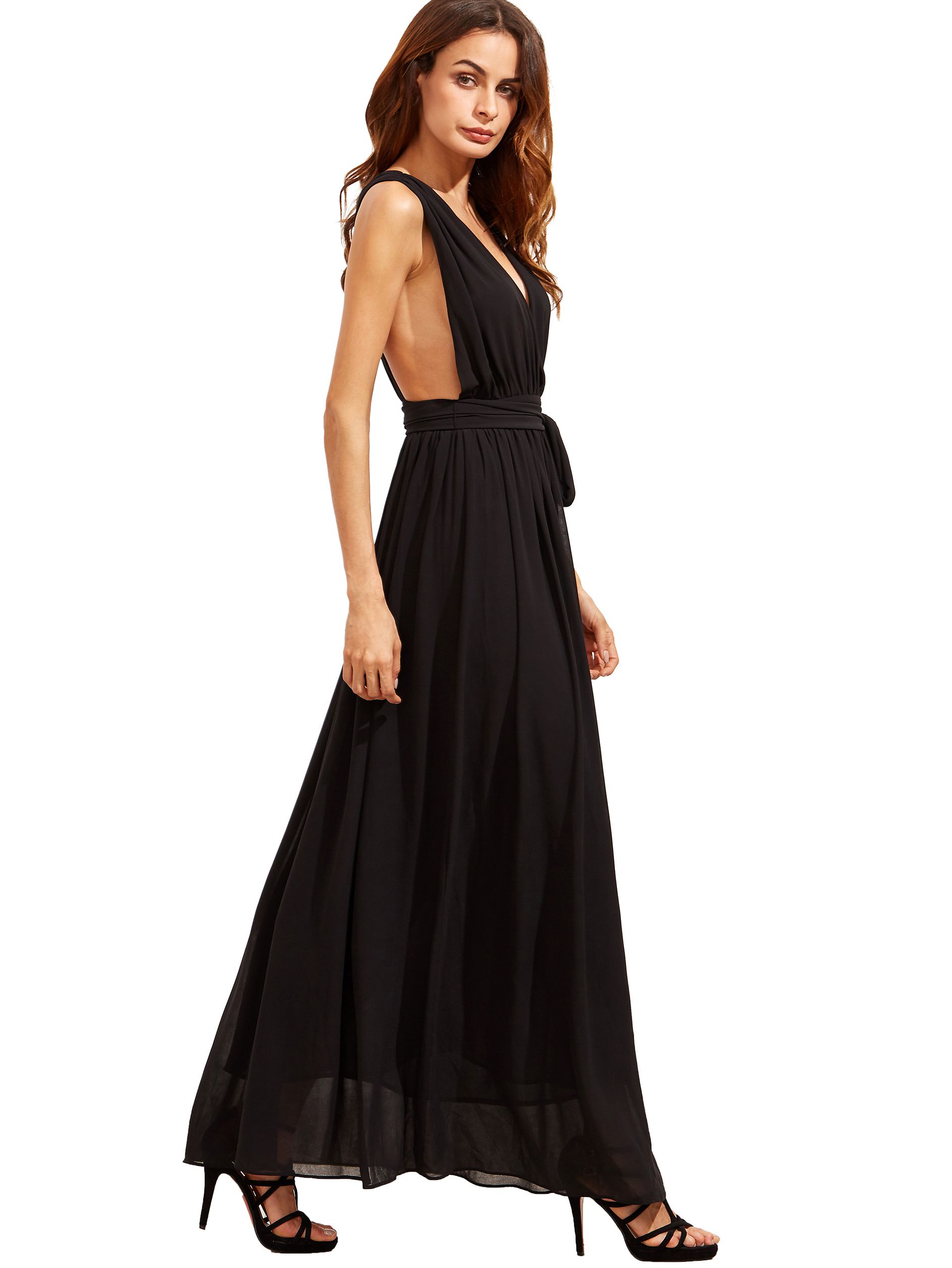 Black Deep V Neck Self-tie Waist Maxi Dress