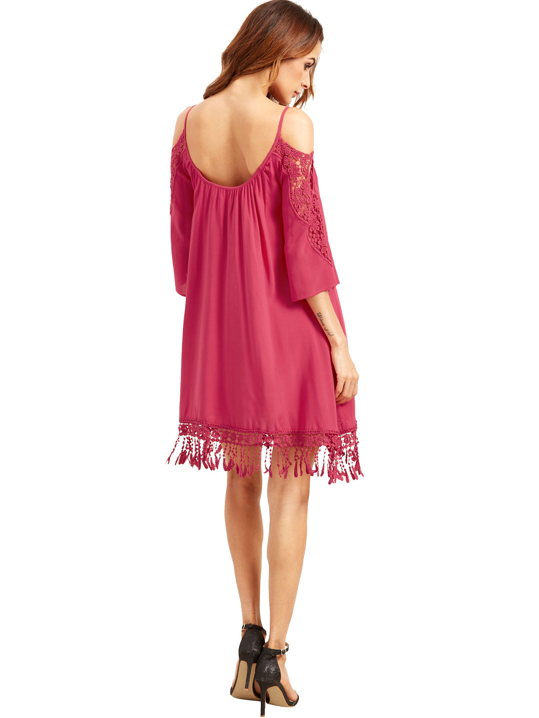 Hot Pink Open Shoulder Crochet Lace Sleeve Tassel Dress