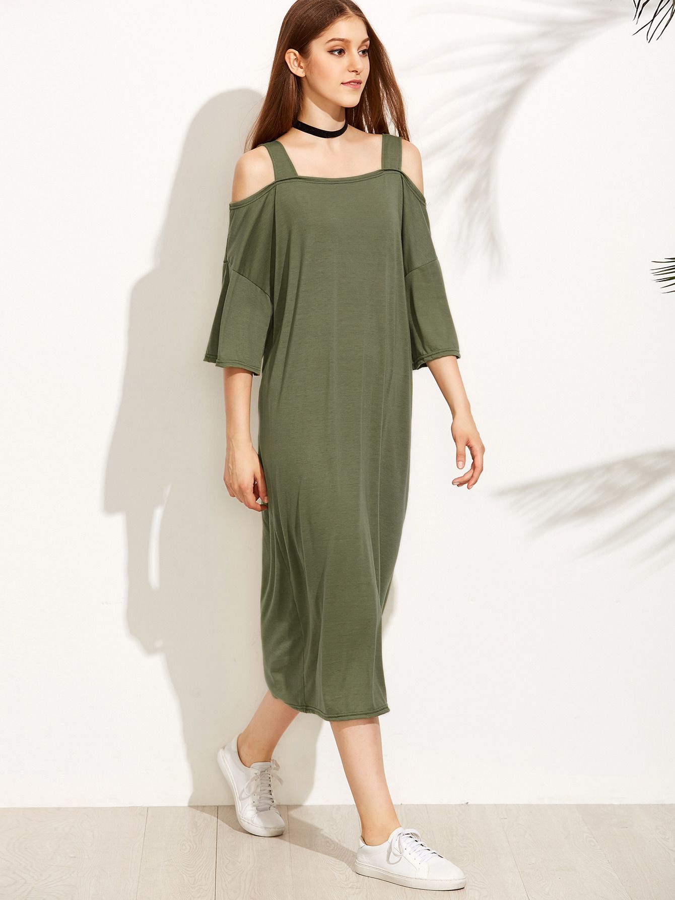 Green Cold Shoulder Shift Dress