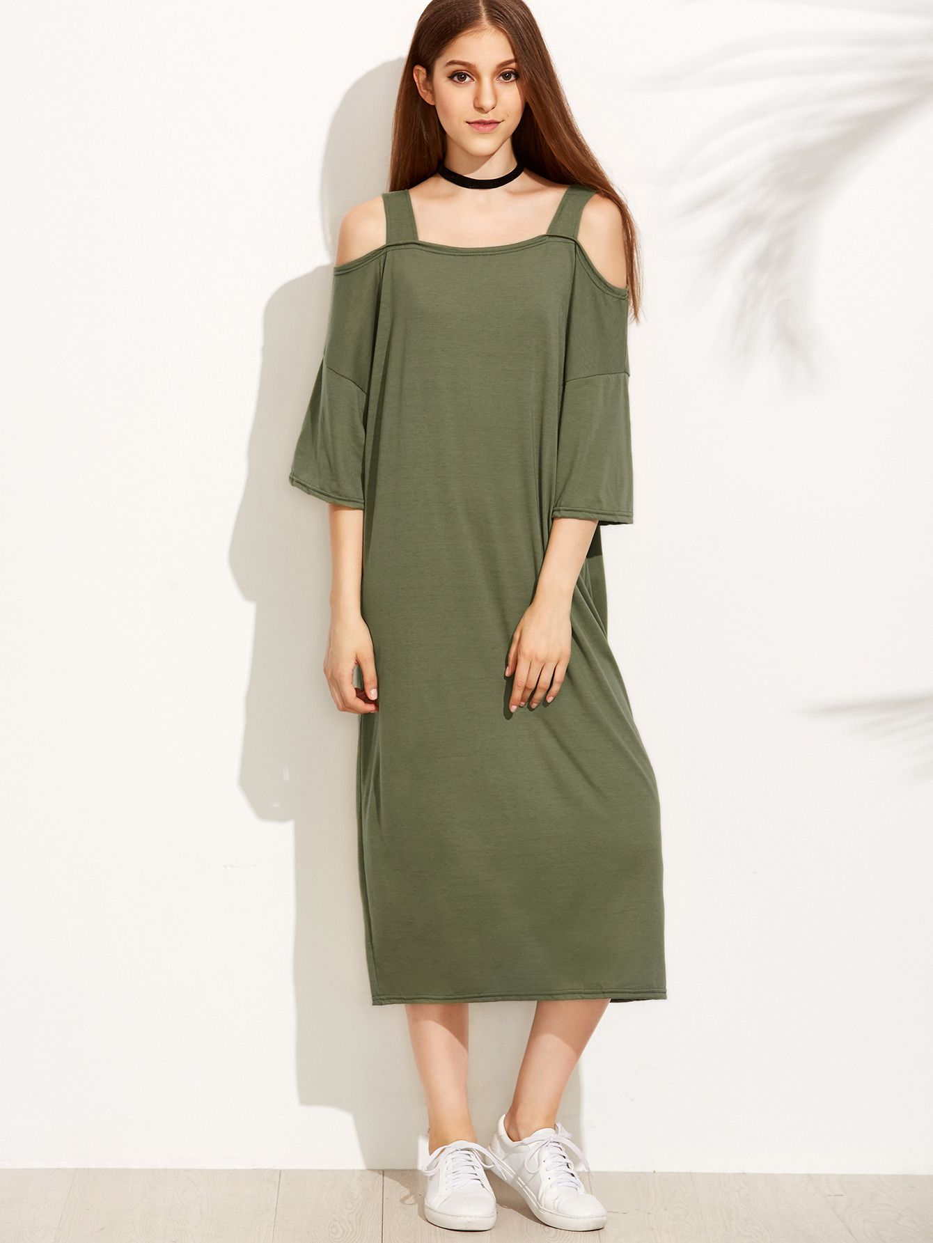 Green Cold Shoulder Shift Dress